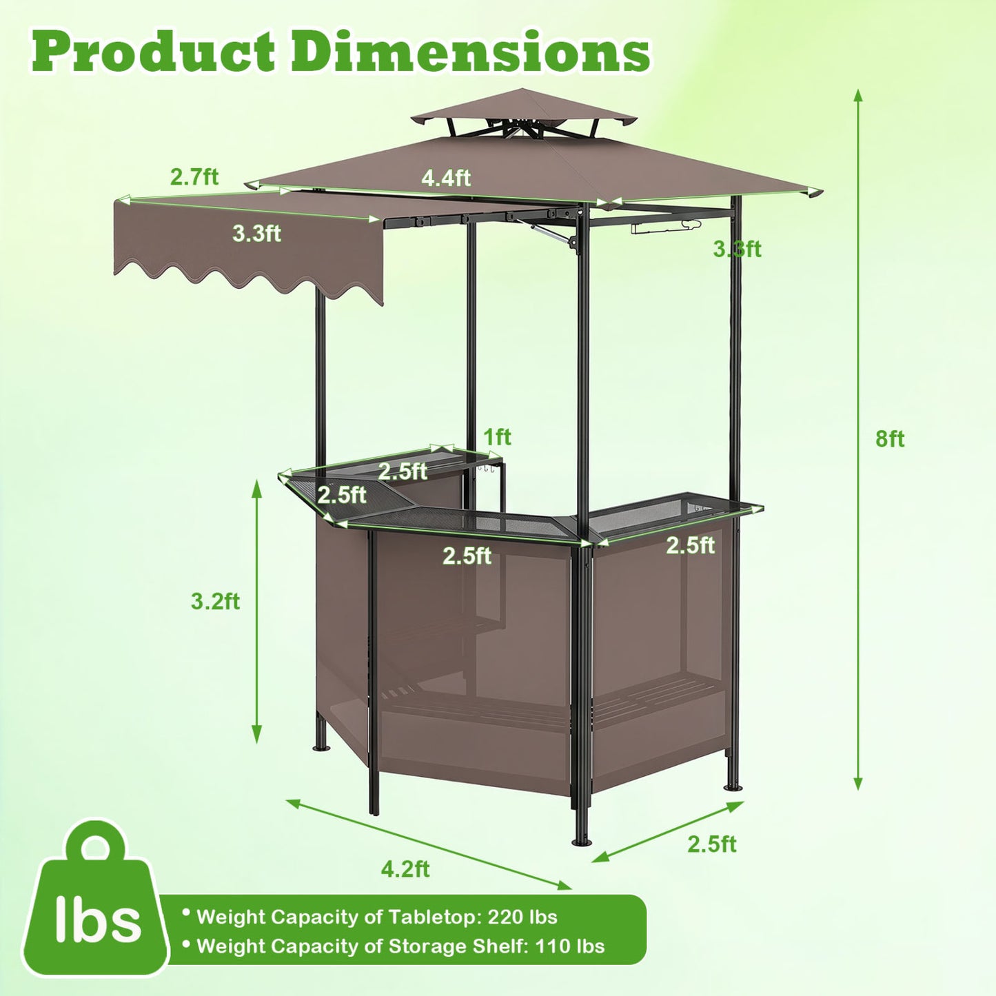 Black BBQ gazebo canopy with 4 slatted metal shelves, 6 hanging hooks, and 2-row glass holders for outdoor patio bar furniture.