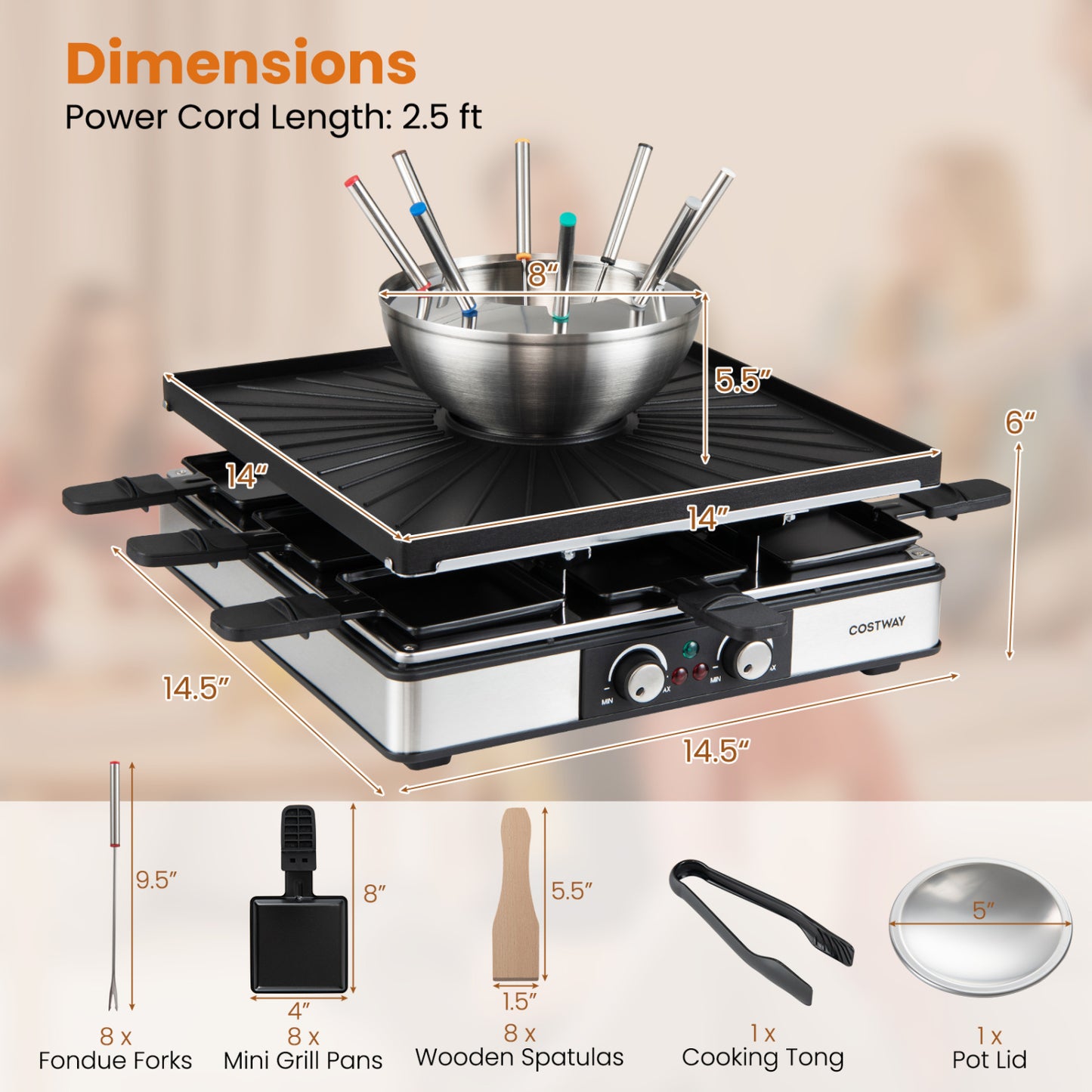 BBQ grill with fondue pot set and adjustable thermostats for 8 people, stainless steel kitchen cookware by Wilsons Home Store