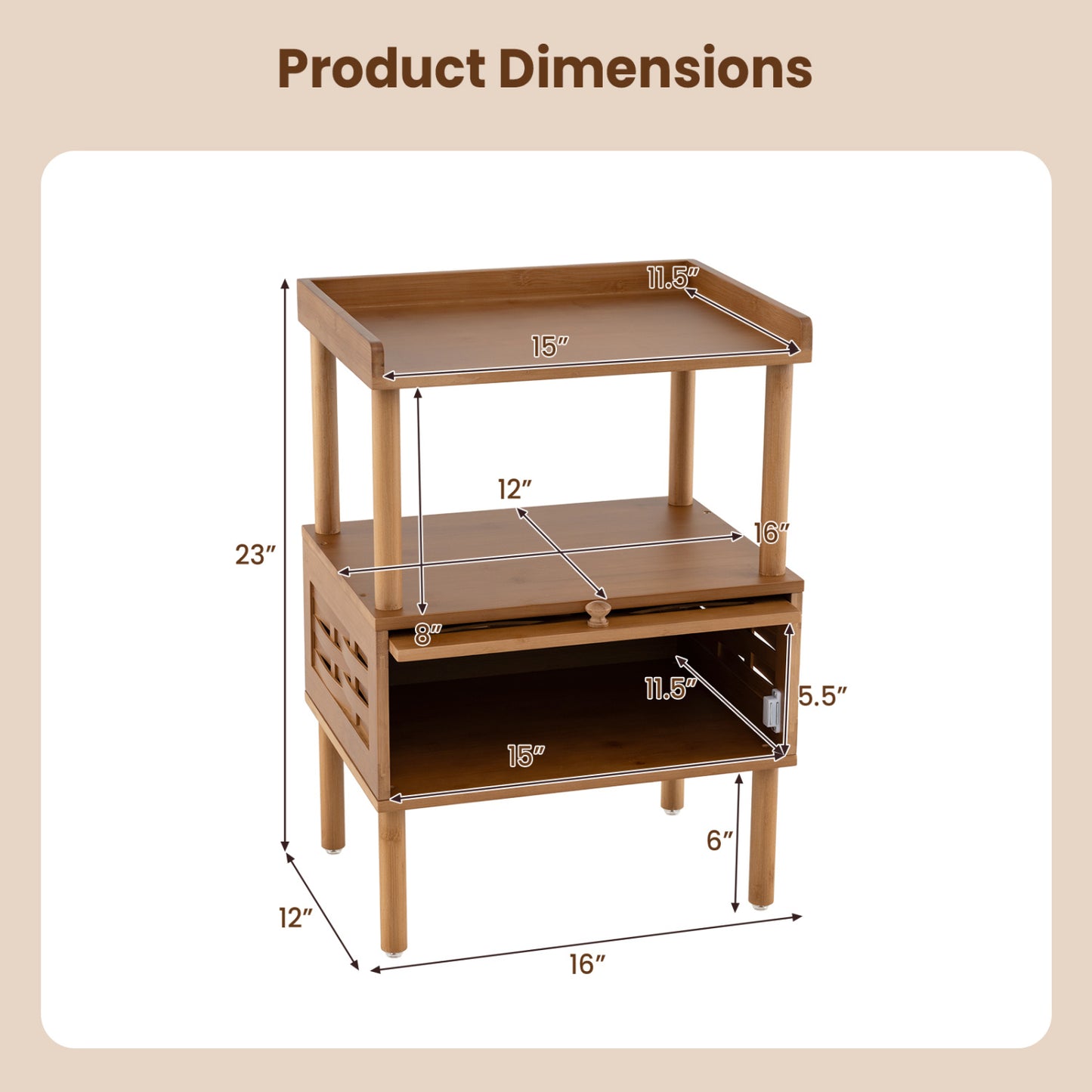 Bamboo Rattan Nightstand with Raised Edge Flip-Up Door and Open Shelf-Walnut