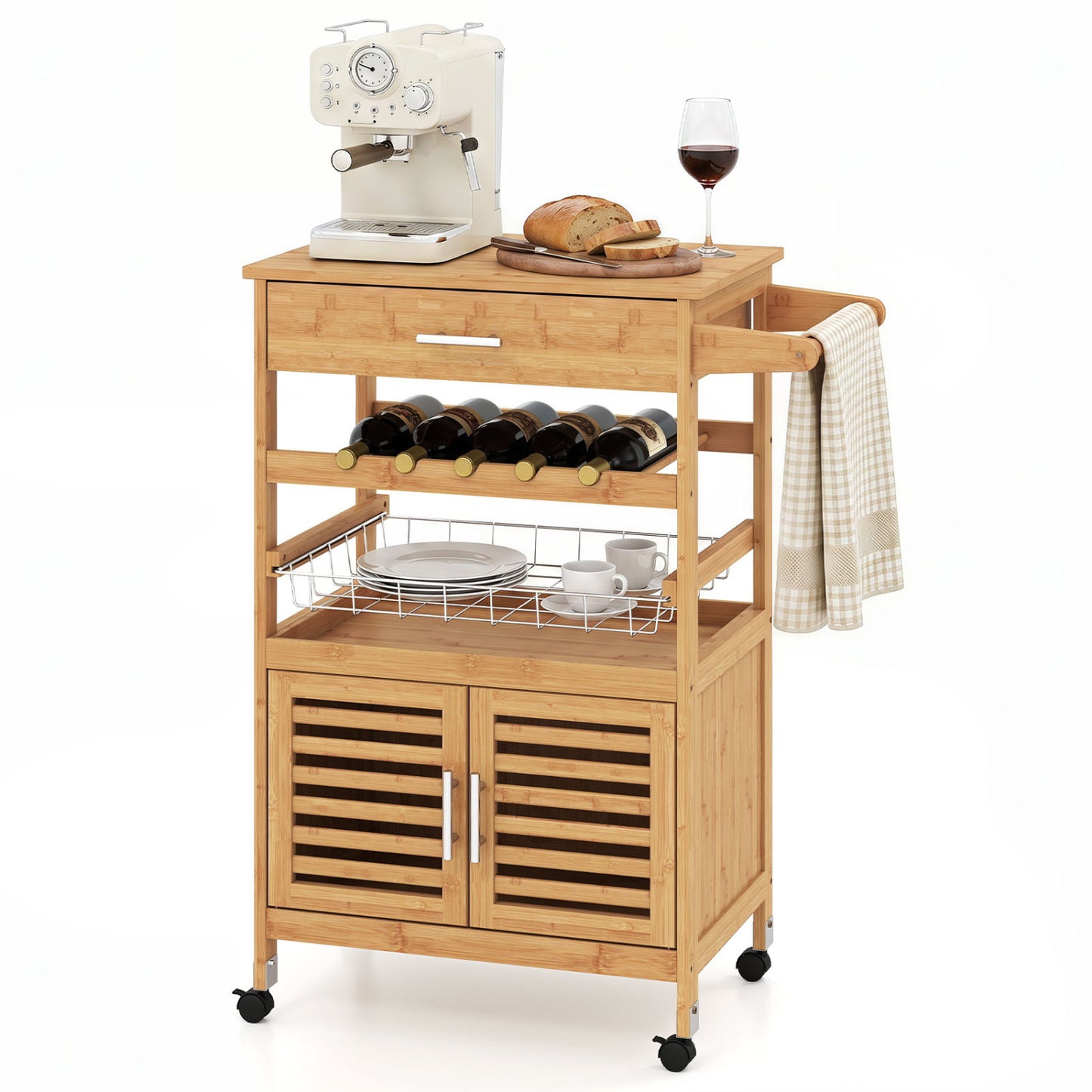 Bamboo Rolling Kitchen Island Trolley with Storage Cabinet and Wine Rack-Natural