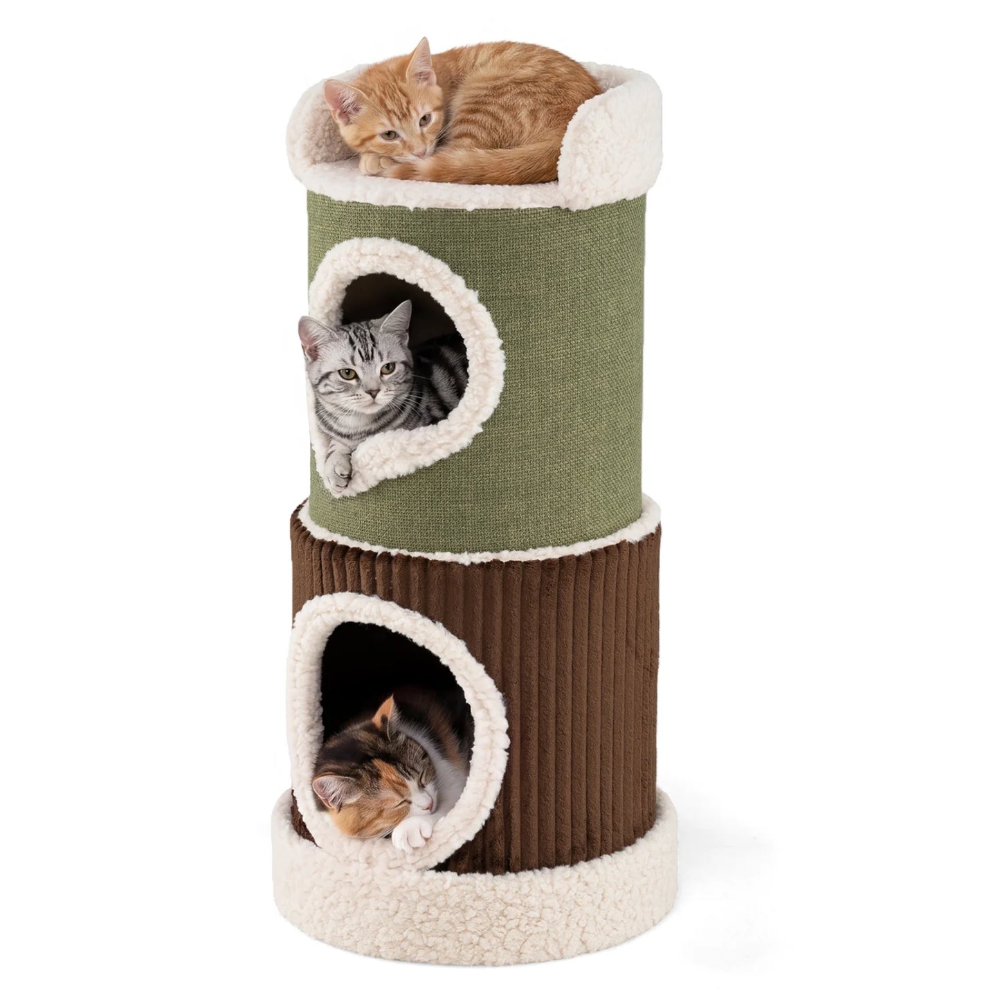 Modern green barrel cat house with top perch, double condos, and stable base for comfortable feline shelter and play.