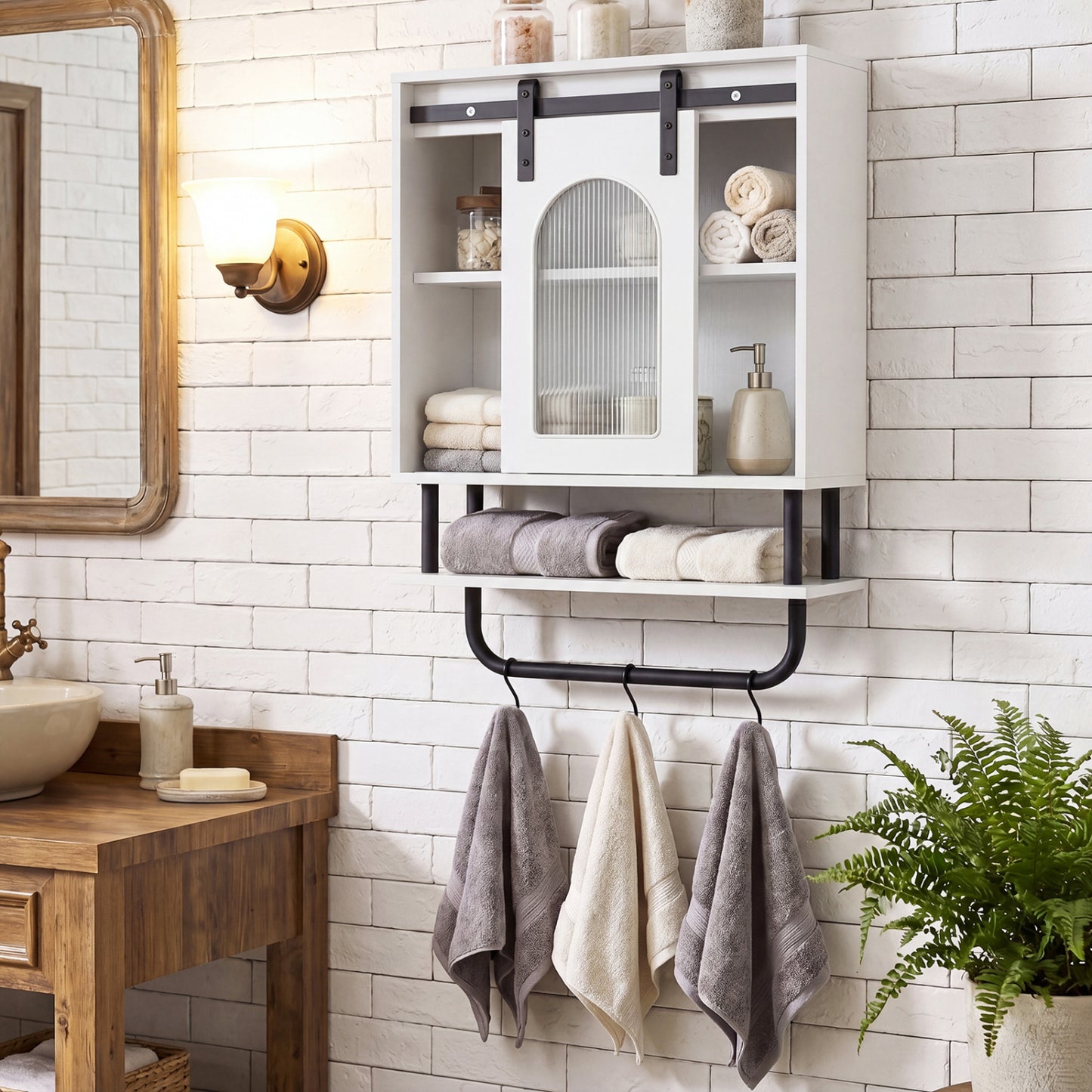 Bathroom Wall Cabinet with Sliding Barn Door and Metal Hanging Bar with 3 Hooks-Black
