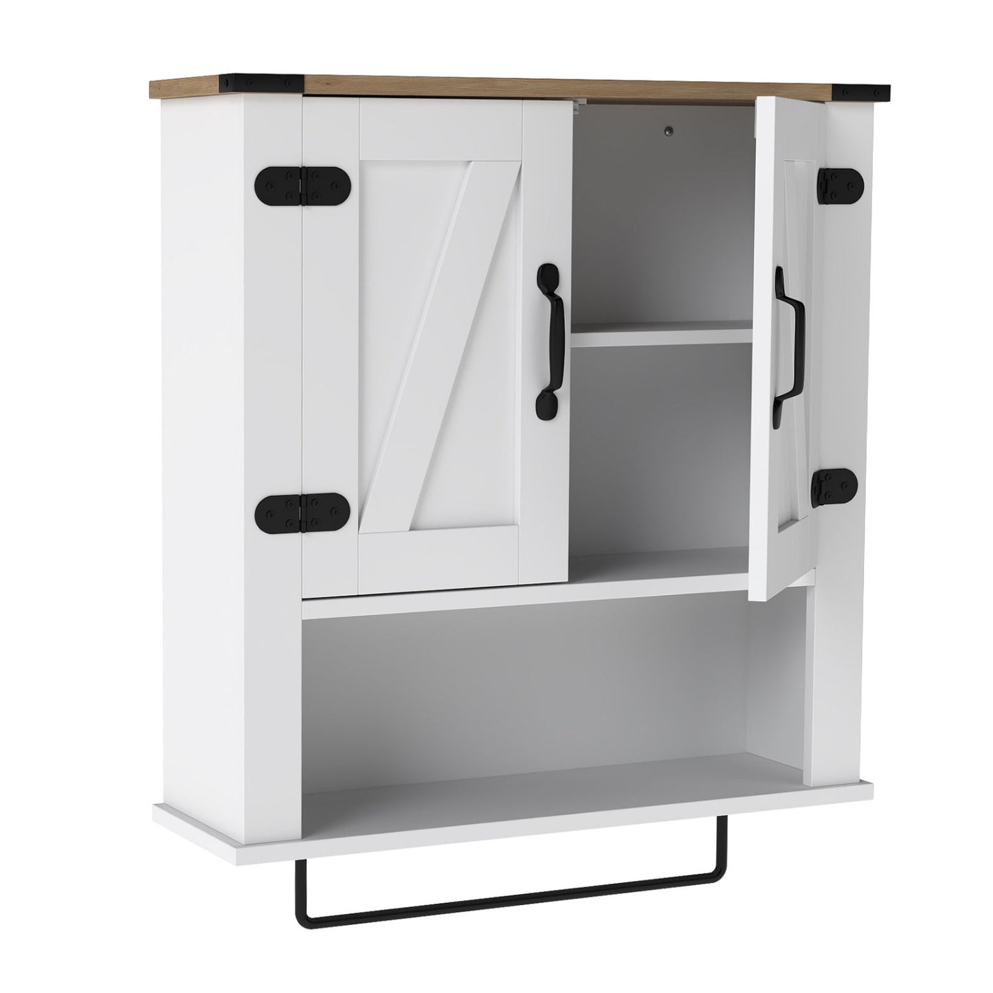 White farmhouse bathroom wall cabinet with towel bar and medicine cabinet storage, ideal for bathroom organization.