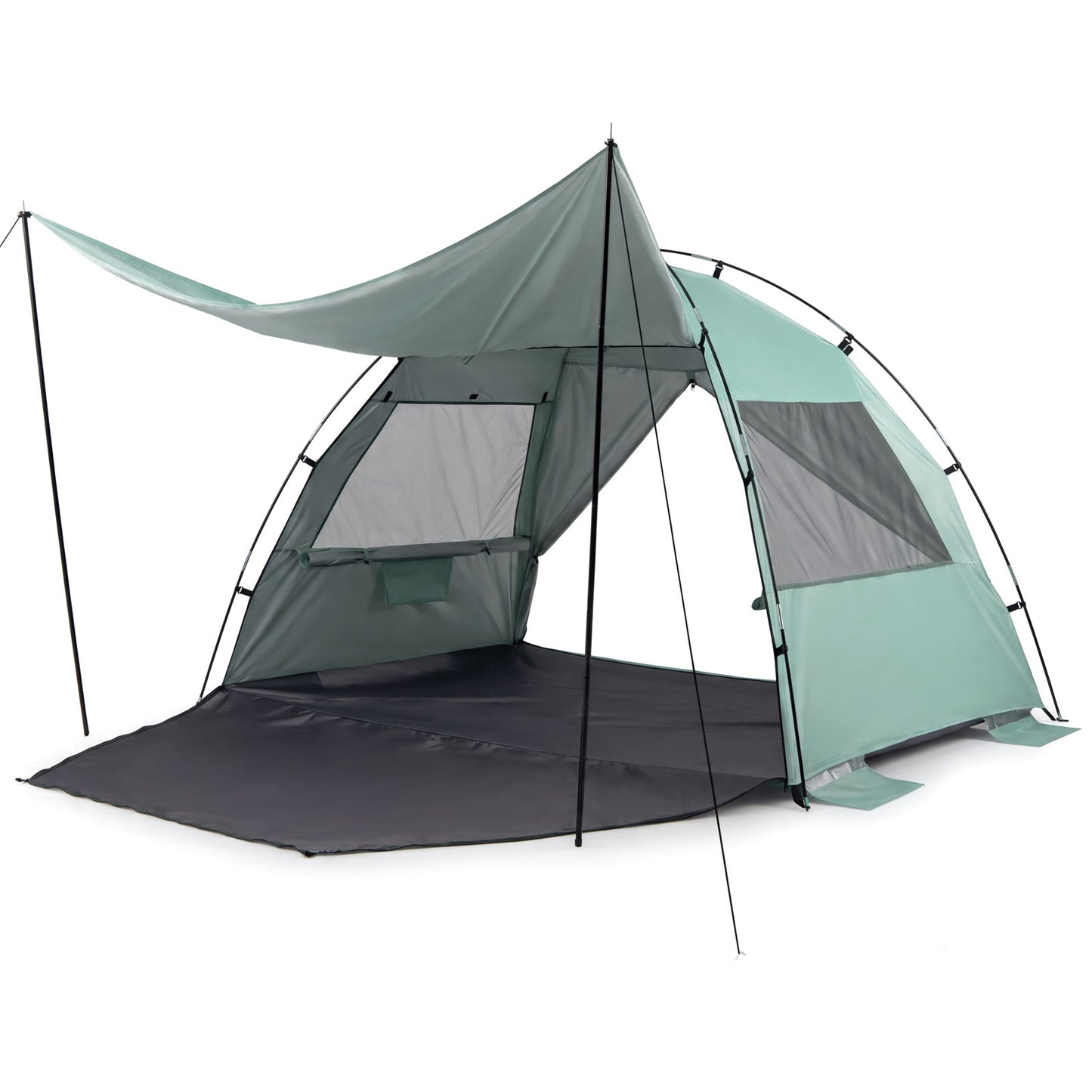 Blue beach tent sun shelter with canopy, extended floor, and vent windows, ideal for outdoor camping and beach outings.