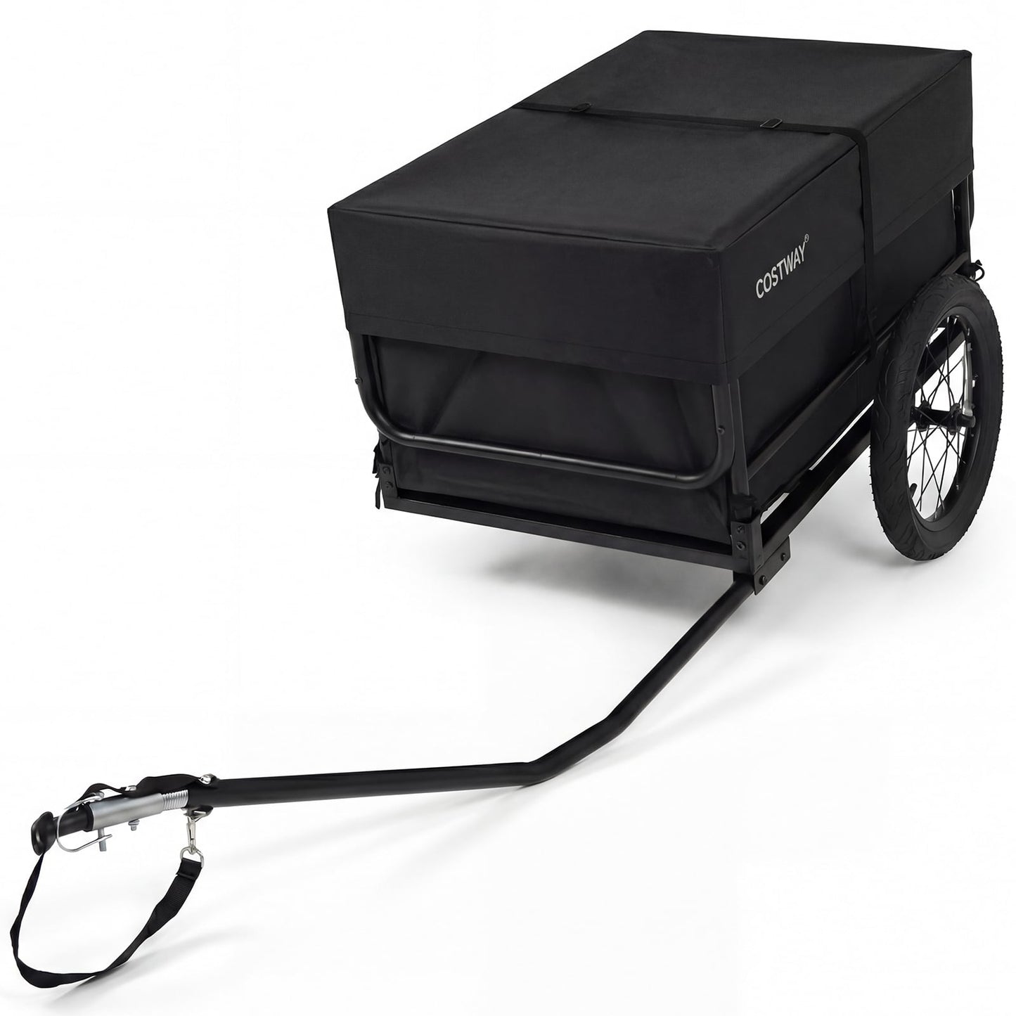 Black bike cargo trailer with bag and cover, heavy-duty bicycle wagon cart for outdoor storage and transport.