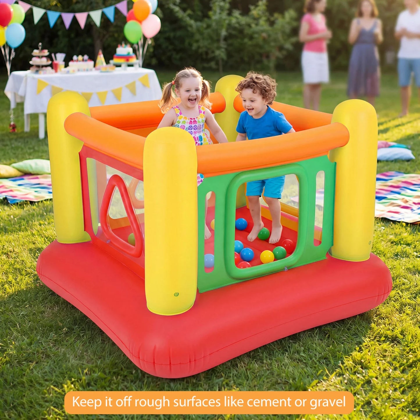 Blue inflatable kids' bounce house with transparent side walls, perfect for outdoor play, by Wilsons Home Store.