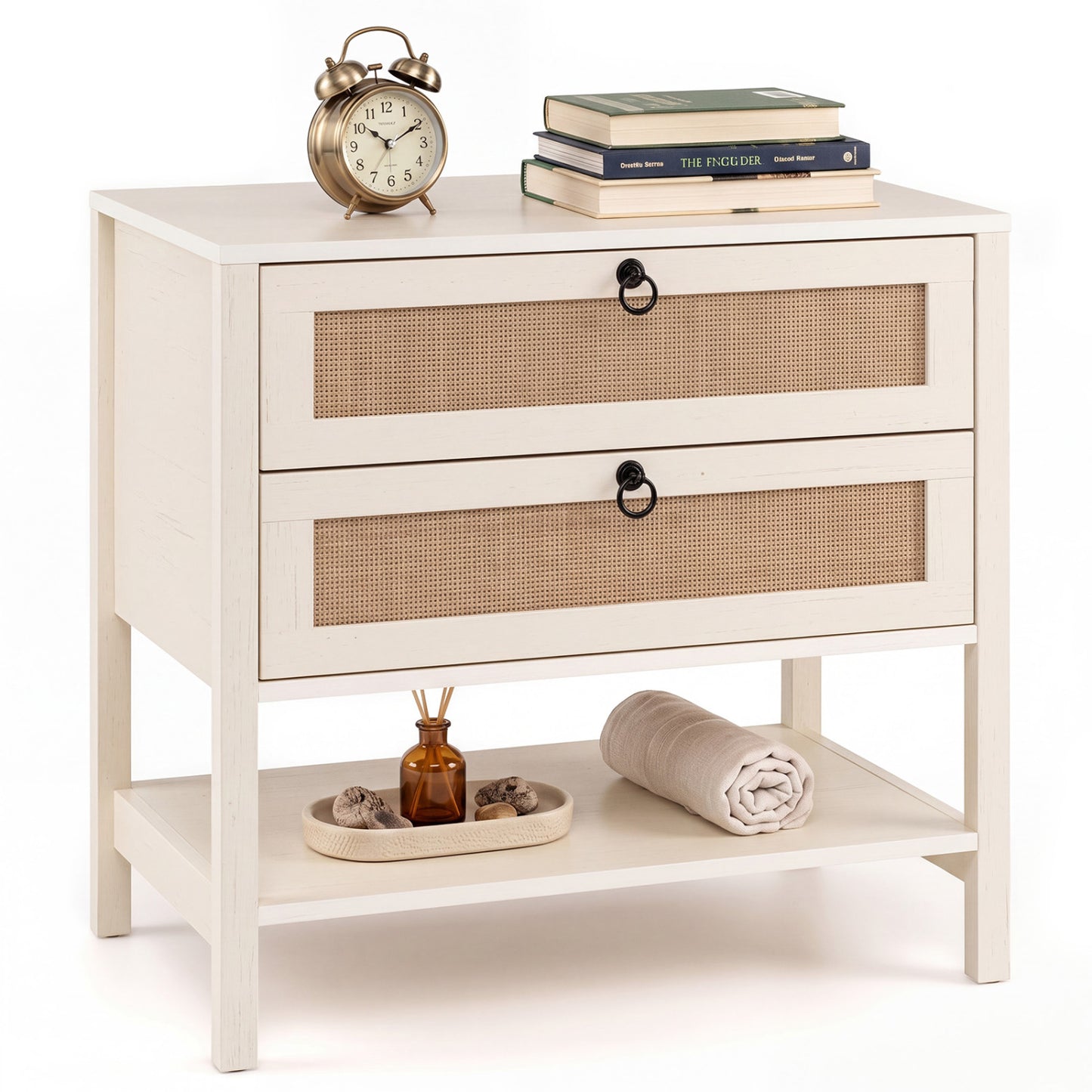 Boho Rattan Nightstand with 2 Drawers and Bottom Open Shelf-Black