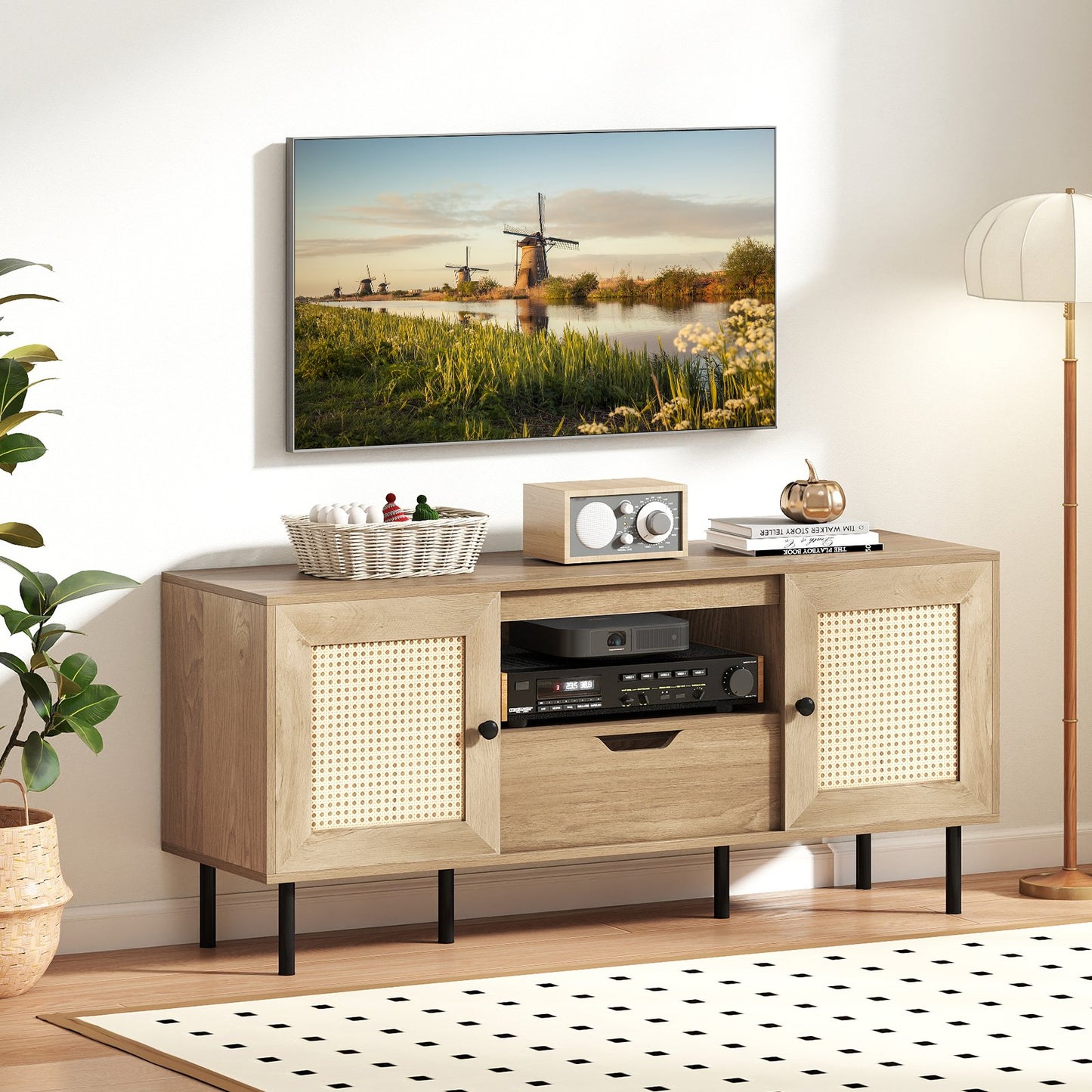 Boho TV Stand for 60 Inch TV Entertainment Center with Cabinets and Storage Shelf-Natural