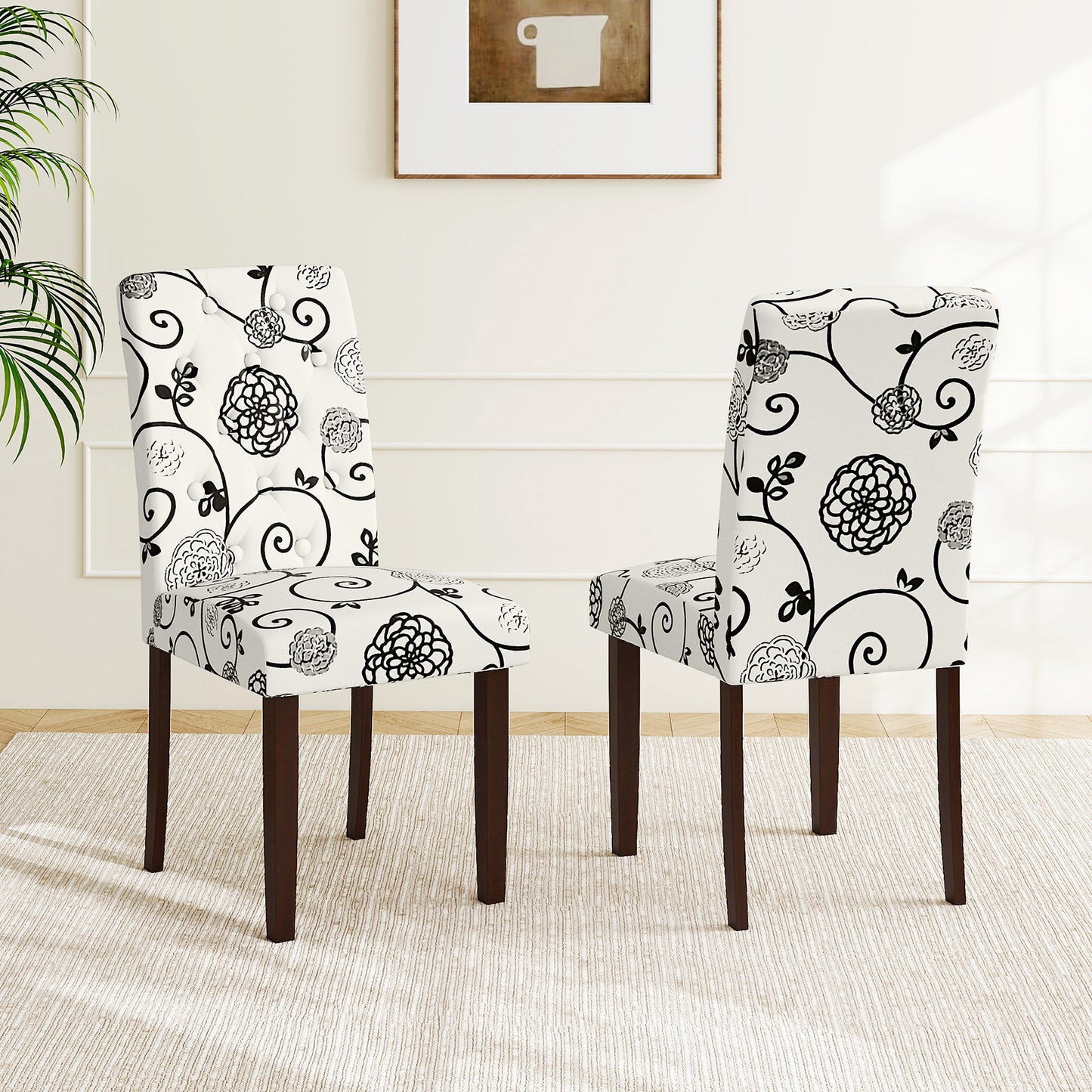 Button Tufted Fabric Upholstered Wooden Dining Chair Set of 2 with High Curved Back-Beige