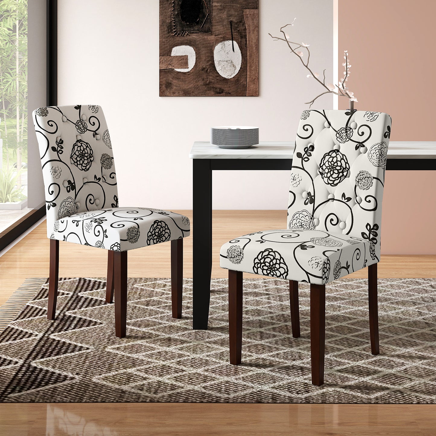 Button Tufted Fabric Upholstered Wooden Dining Chair Set of 2 with High Curved Back-Beige