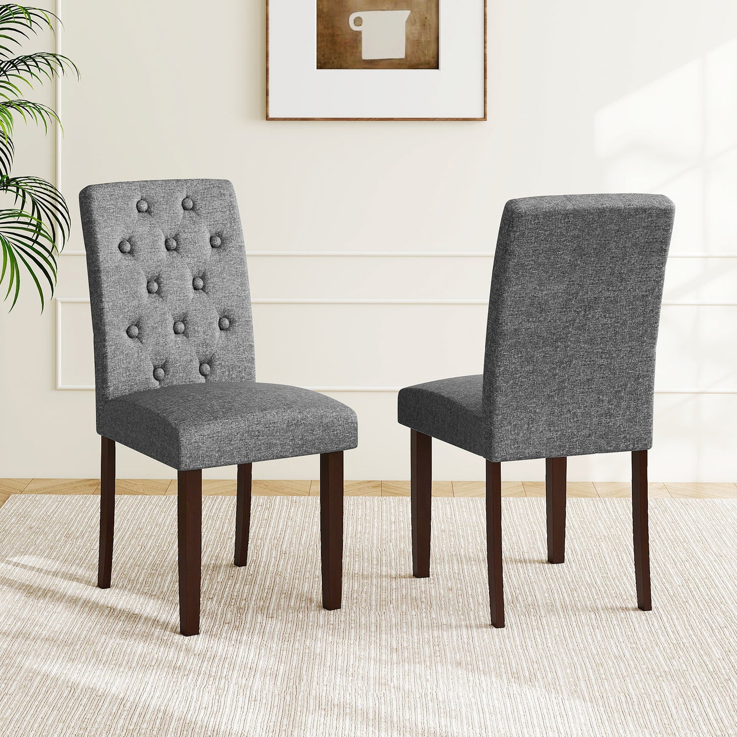 Button Tufted Fabric Upholstered Wooden Dining Chair Set of 2 with High Curved Back-Beige