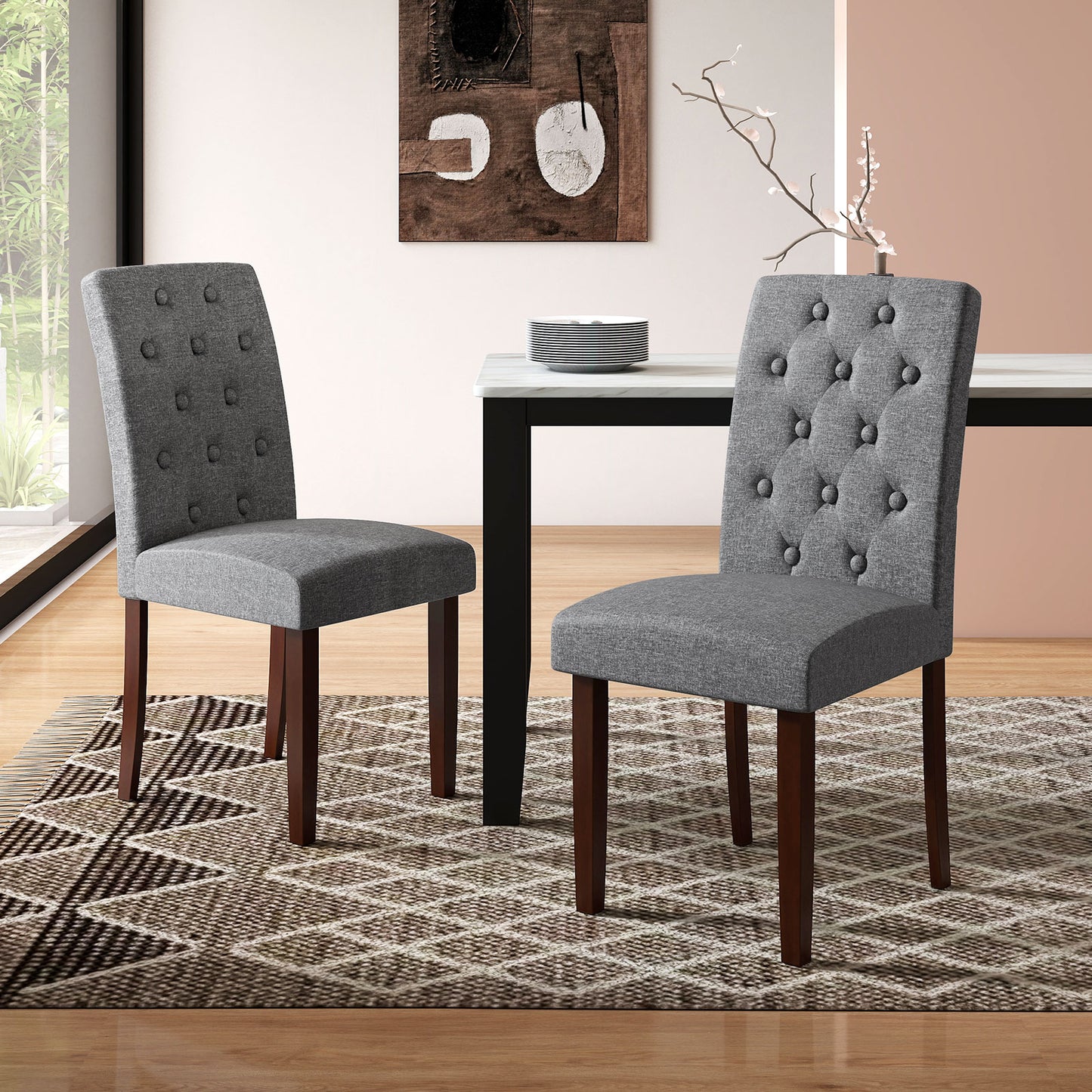 Button Tufted Fabric Upholstered Wooden Dining Chair Set of 2 with High Curved Back-Beige