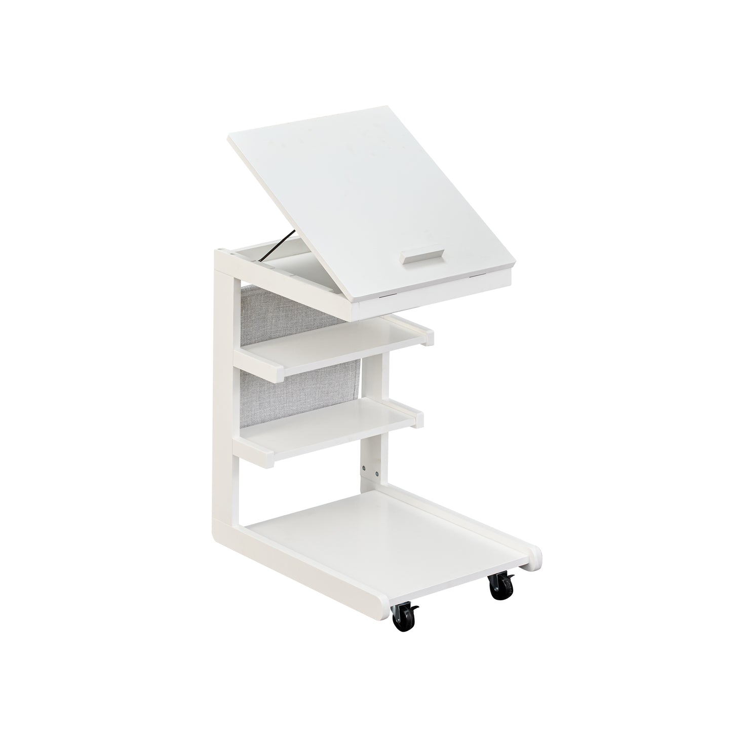 C-shaped End Table with Wheels and Adjustable Desktop for Sofa Couch Bedside-Brown