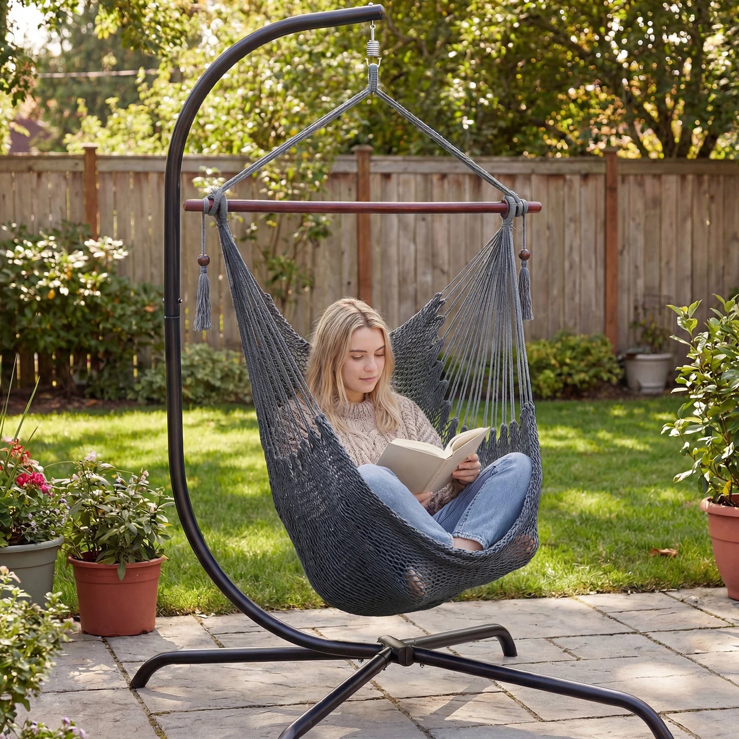 Caribbean Hammock Chair with Metal Spreader Bar Large Soft-Spun Rope Woven Swing-Blue