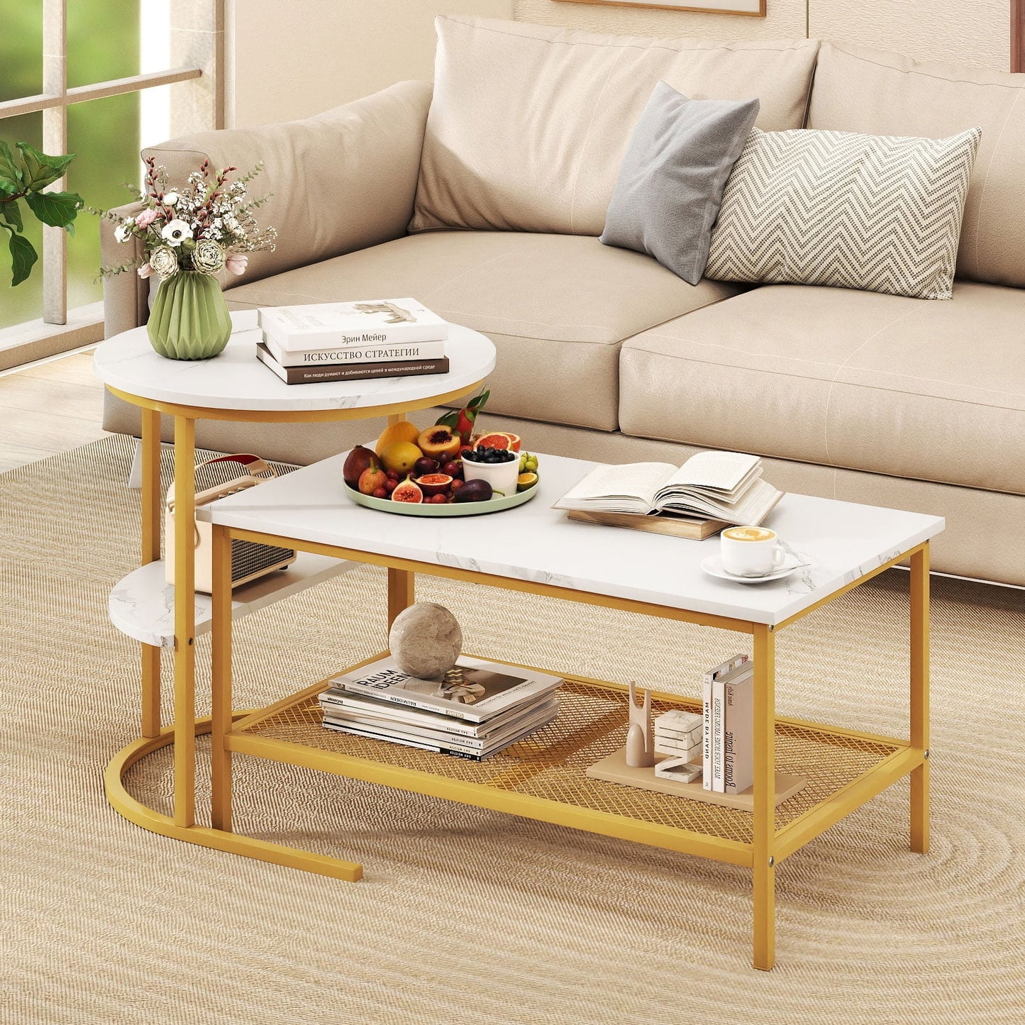 Coffee Table 2-Tier Rectangle Coffee Table and Side End Table with Storage Shelves-Rustic Brown