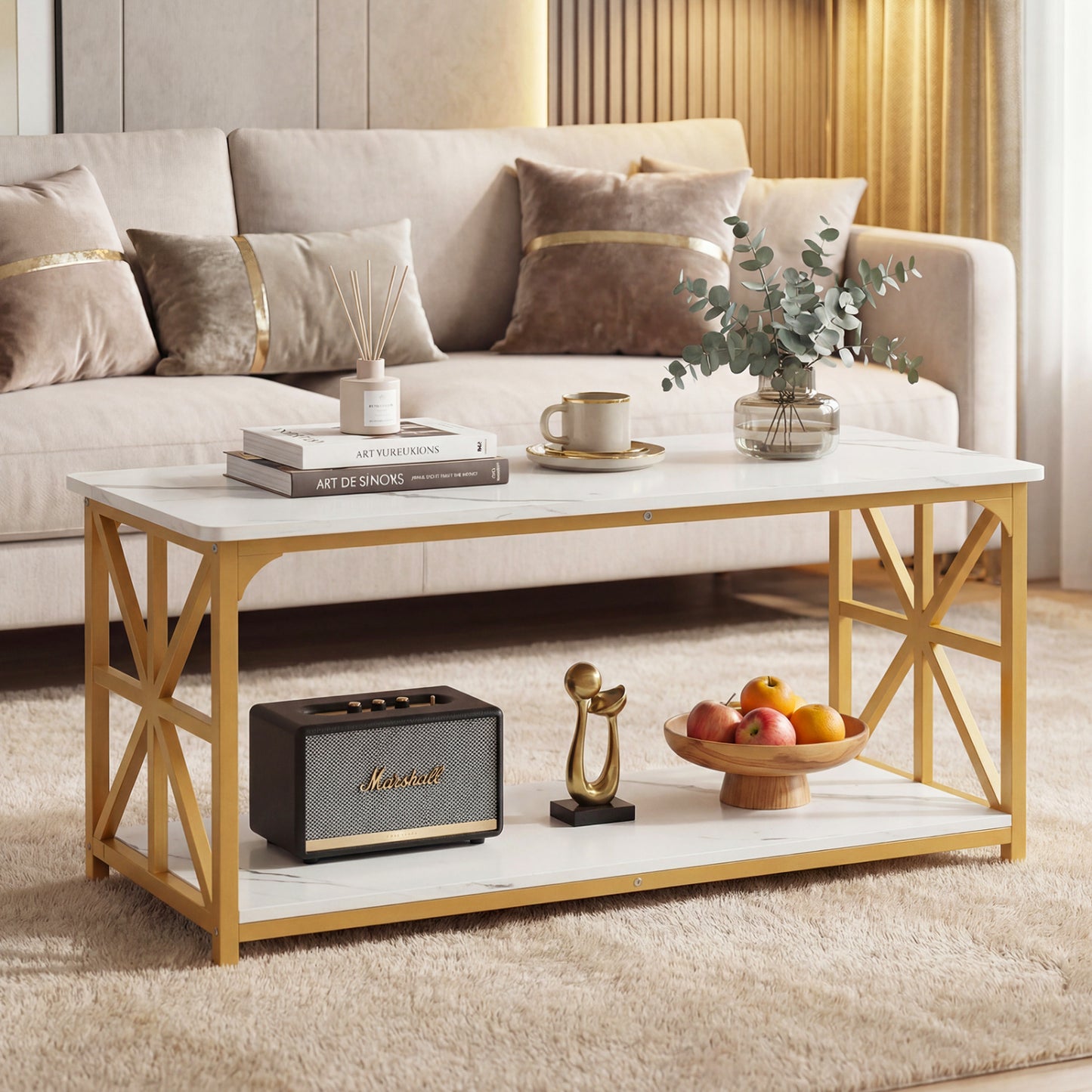 Coffee Table 2-Tier Center Table with Storage Shelf-Oak