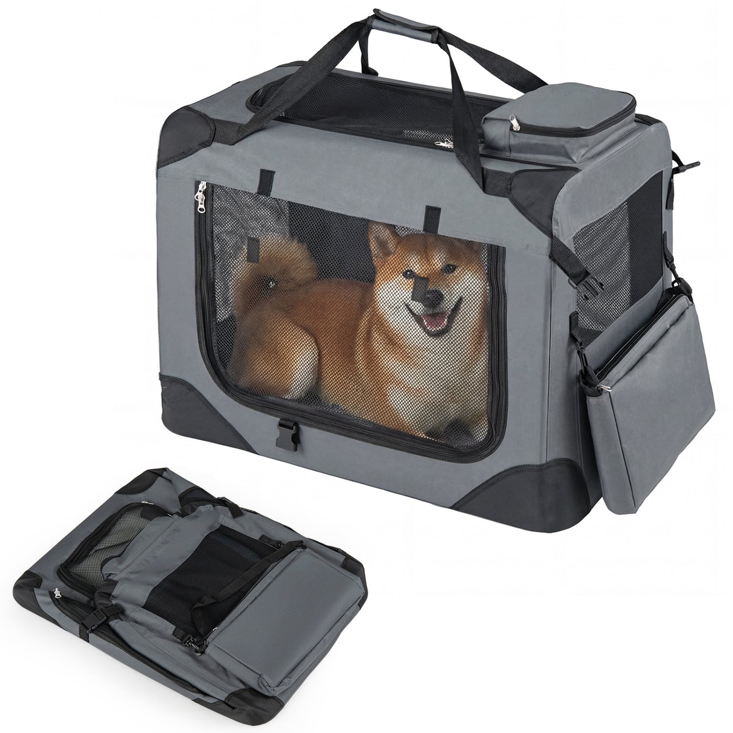 Collapsible Soft Dog Crate Travel Crate with Mesh Windows and 3 Doors-M
