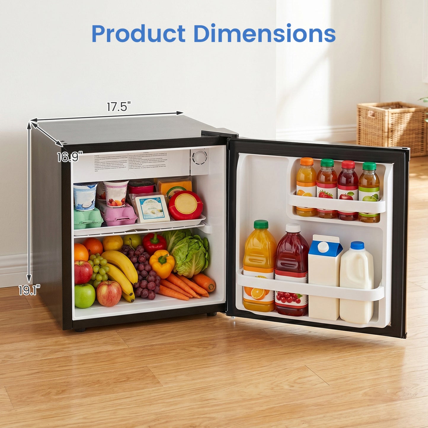 Black compact mini fridge with 7-level adjustable thermostat, ideal for kitchen or office use, by Wilsons Home Store.