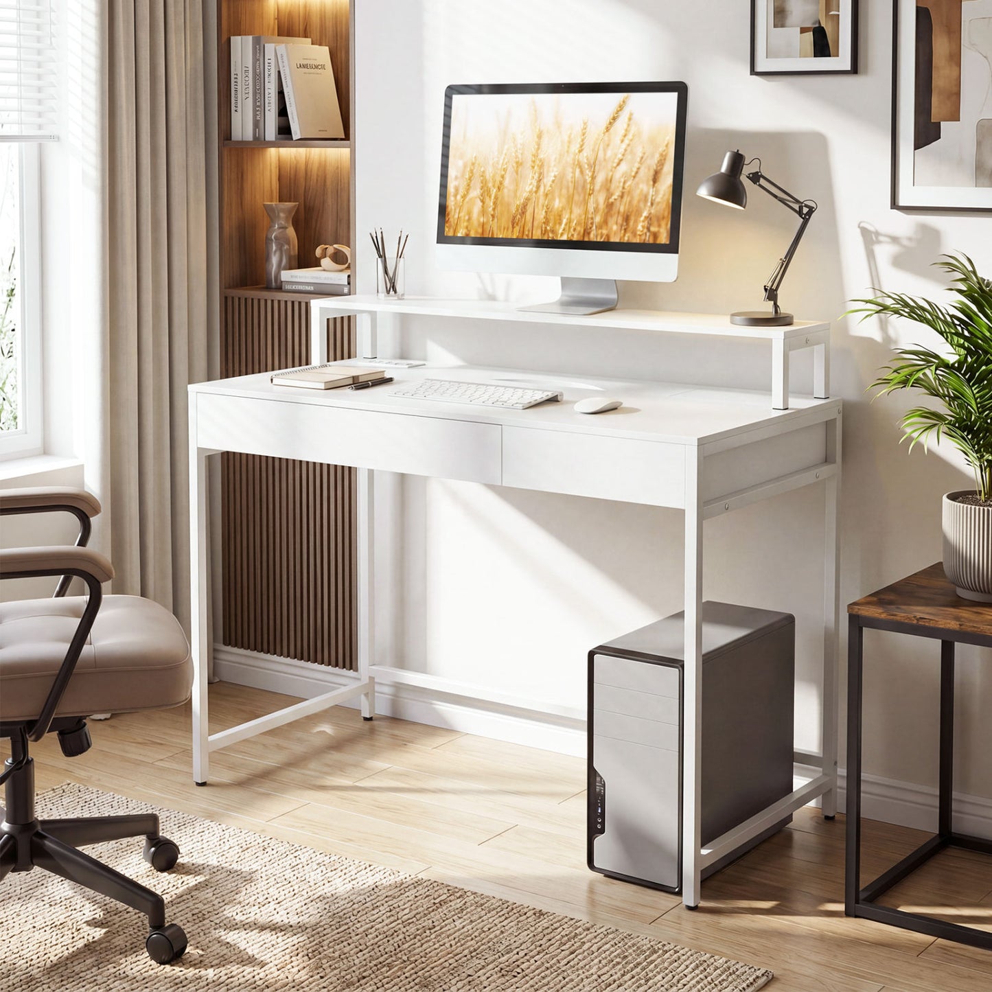 Rustic brown compact office desk with removable monitor shelf and dual-use drawer, ideal for home office setup.