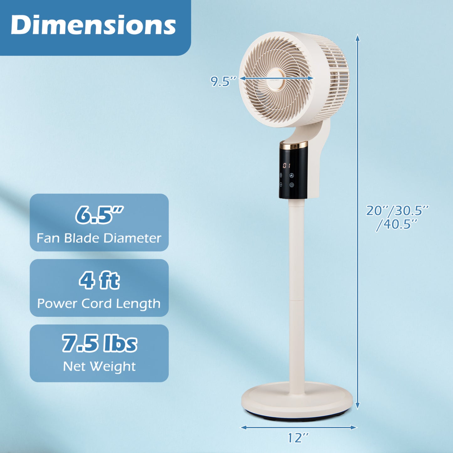Compact Oscillating Standing Fan with 70° Oscillation and 90° Tilt for Home Office-Black