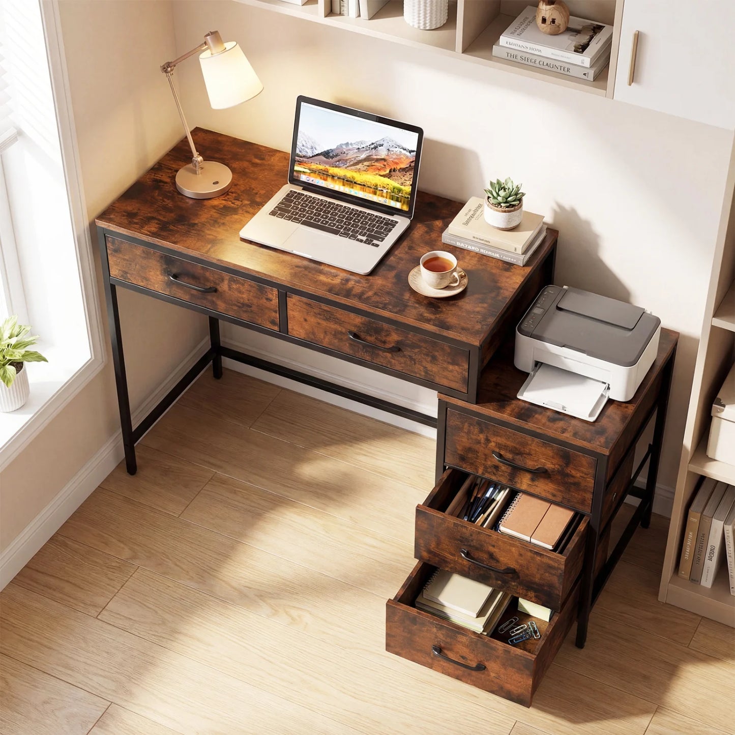 Computer Desk with 5 Drawers and Printer Stand for Bedroom and Small Spaces-Oak