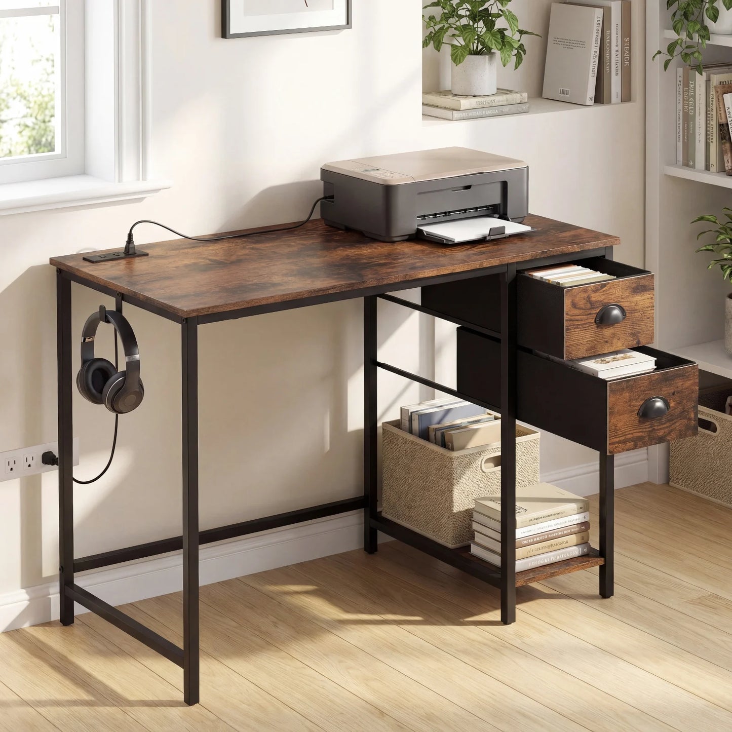 Computer Desk with Charging Station and 2 Fabric Drawers for Small Spaces-Black