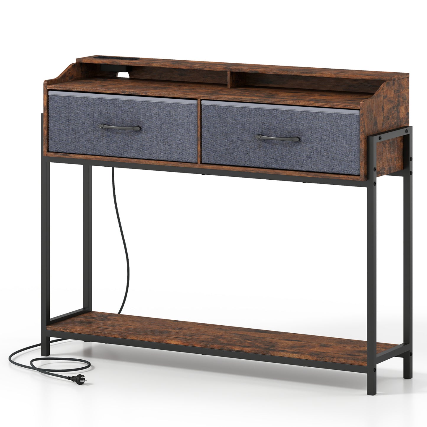 Console Table with Charging Station 110 cm Narrow Entryway Table with 2 Drawers and Shelves-Gray