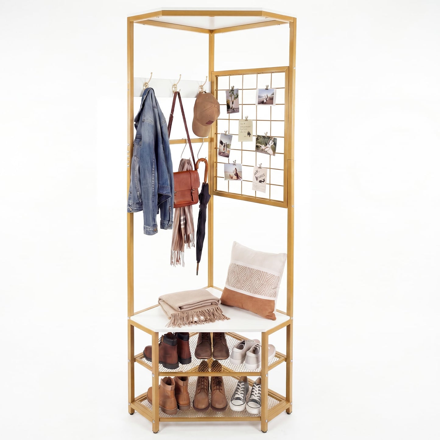 Corner Hall Tree Freestanding Coat Rack with Storage Shelves Removable Hooks-Brown