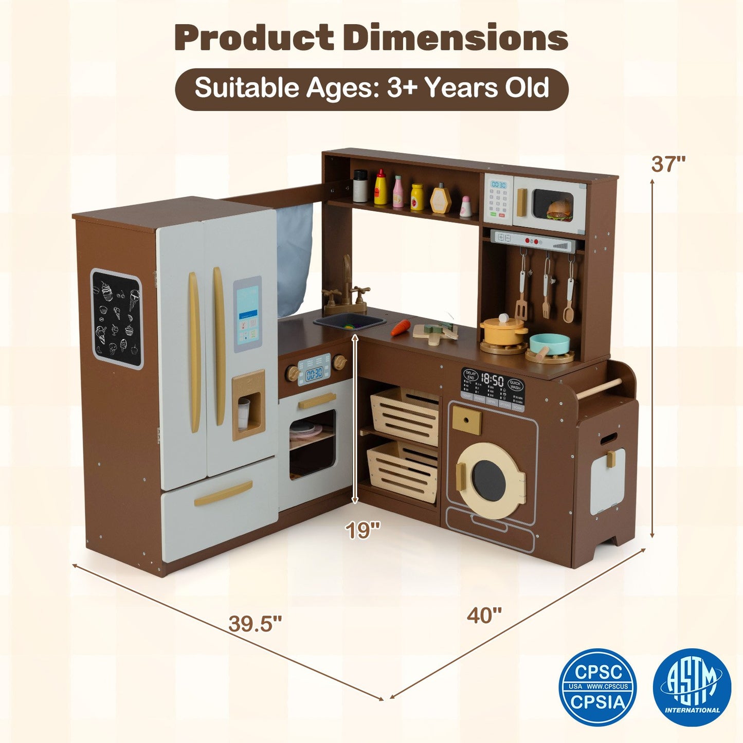 Corner Play Kitchen with Lights and Sounds for Ages 3+-Beige