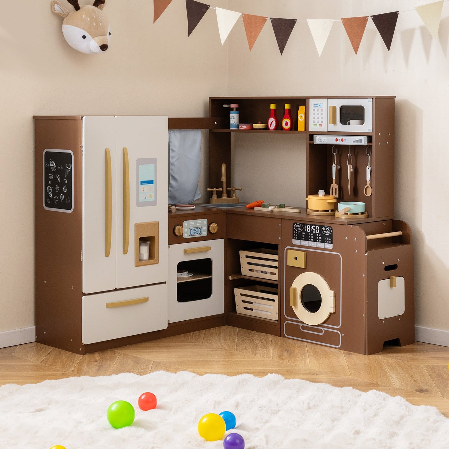 Corner Play Kitchen with Lights and Sounds for Ages 3+-Beige