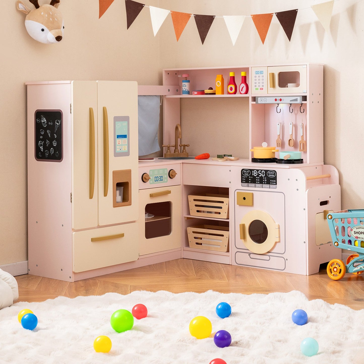 Corner Play Kitchen with Lights and Sounds for Ages 3+-Beige