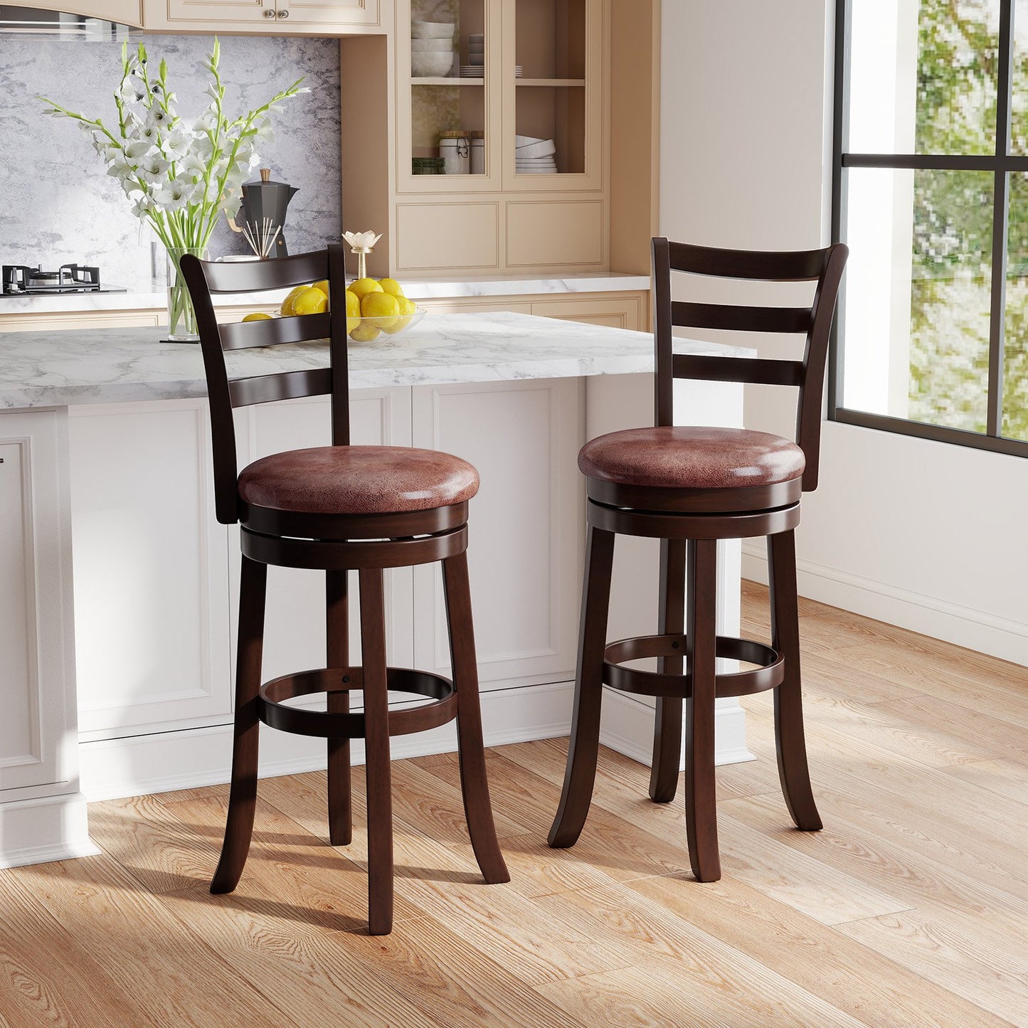 Counter Height Swivel Barstools Set of 2 with Faux Leather Seat and Wrap-around Footrest-24