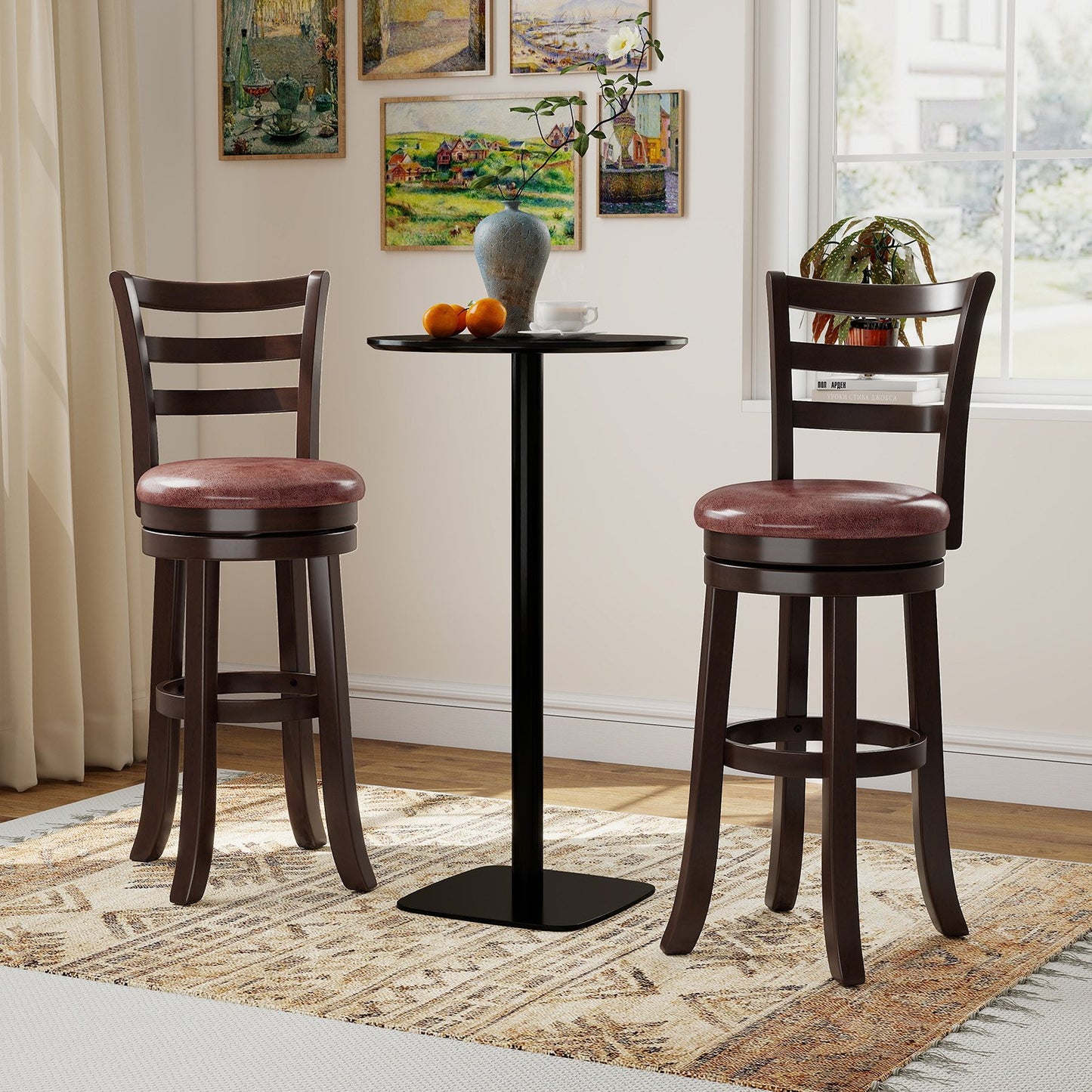 Counter Height Swivel Barstools Set of 2 with Faux Leather Seat and Wrap-around Footrest-24