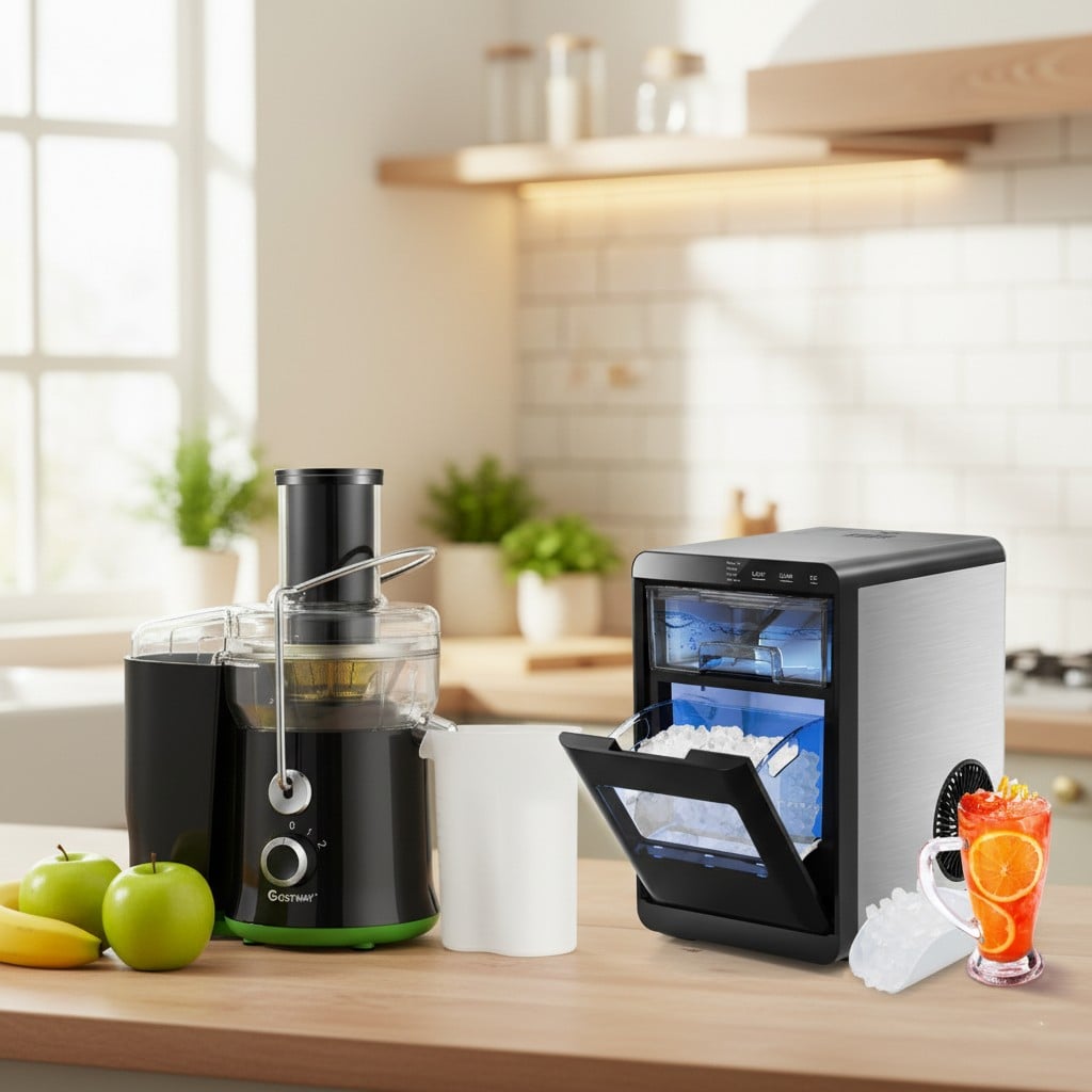 Countertop Nugget Ice Maker and Powerful Fruit Vegetable Juicer Combo for Refreshing Beverages