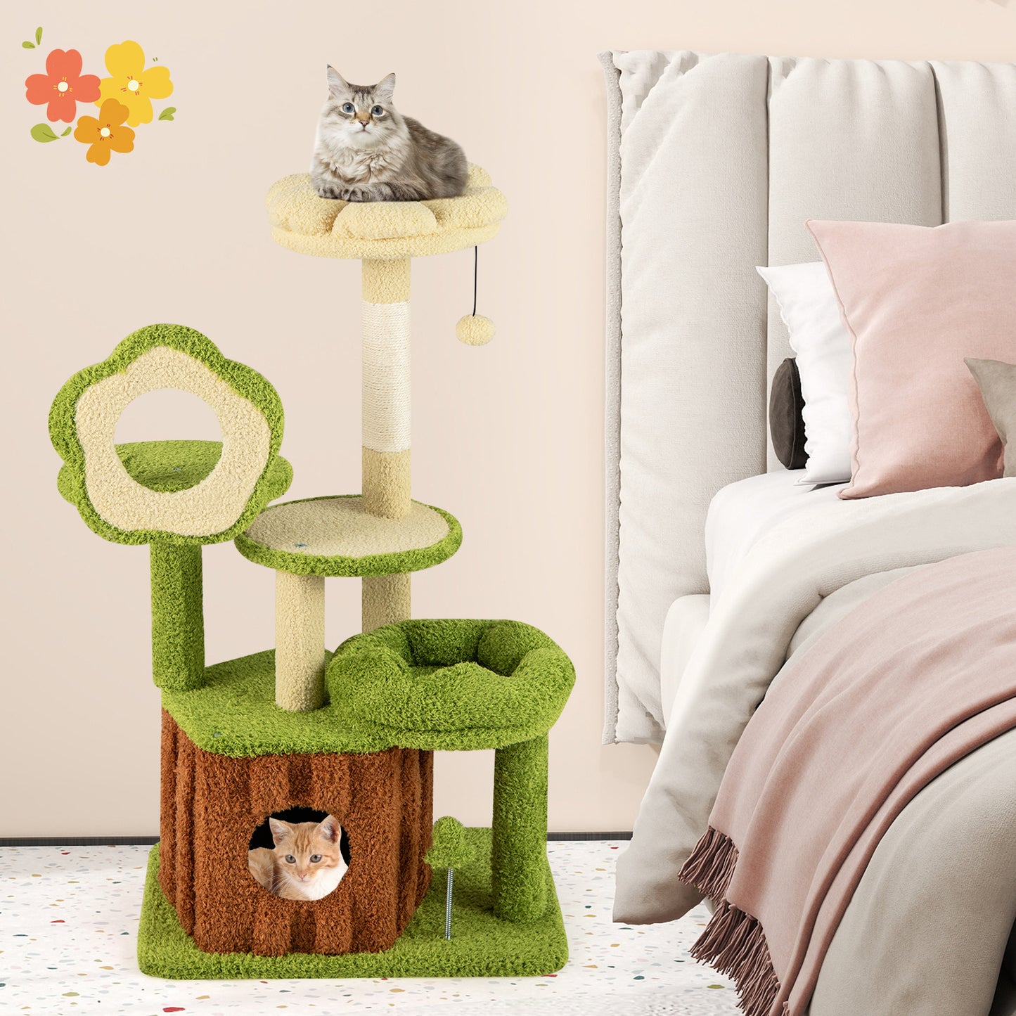 Cute Cat Tree for Adult Cats Multi-level Kitty Tower with Trunk Condo-Green
