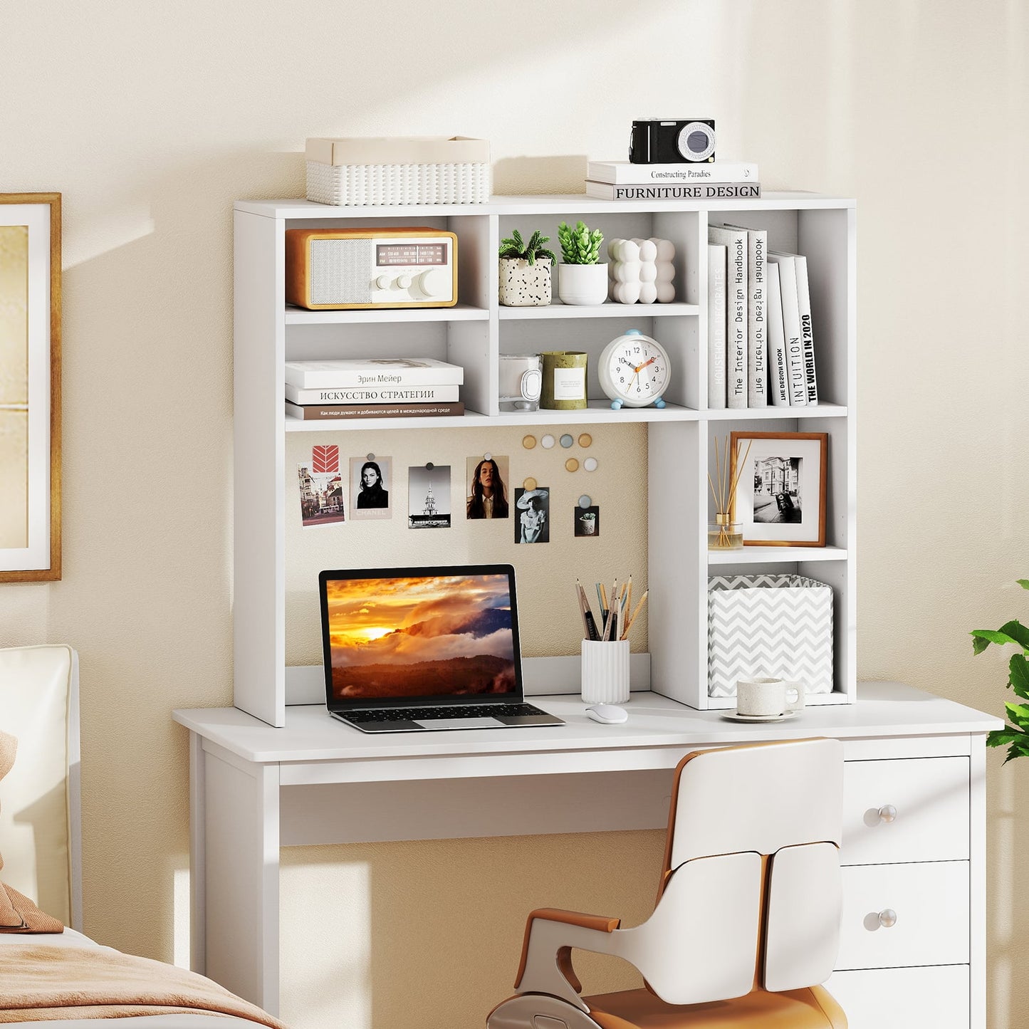 Desktop Bookshelf with 7 Open Cubbies and 3 Adjustable Shelves-White