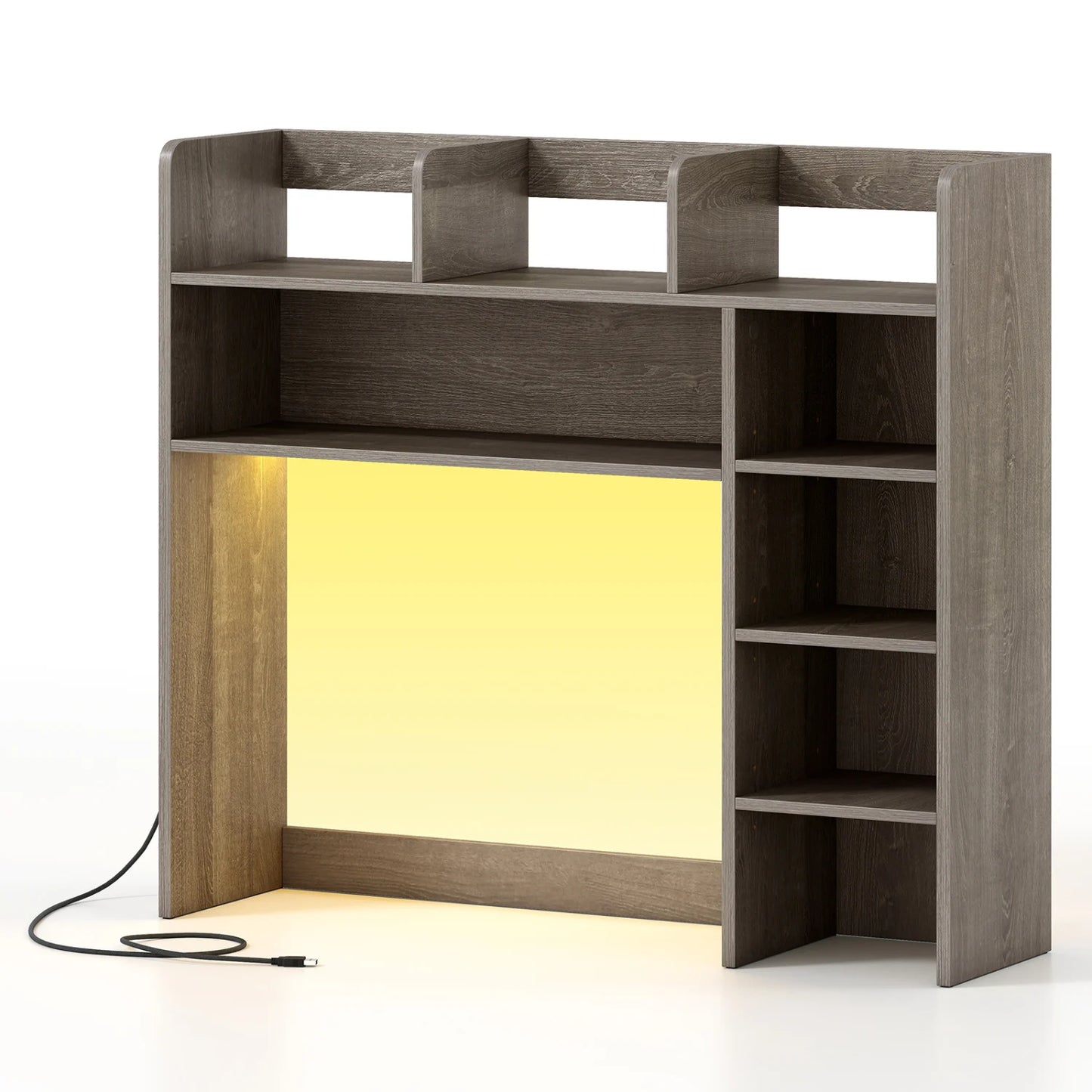 Desktop Bookshelf with LED Lights 35.5 inch Desk Hutch Storage Organizer-Beige