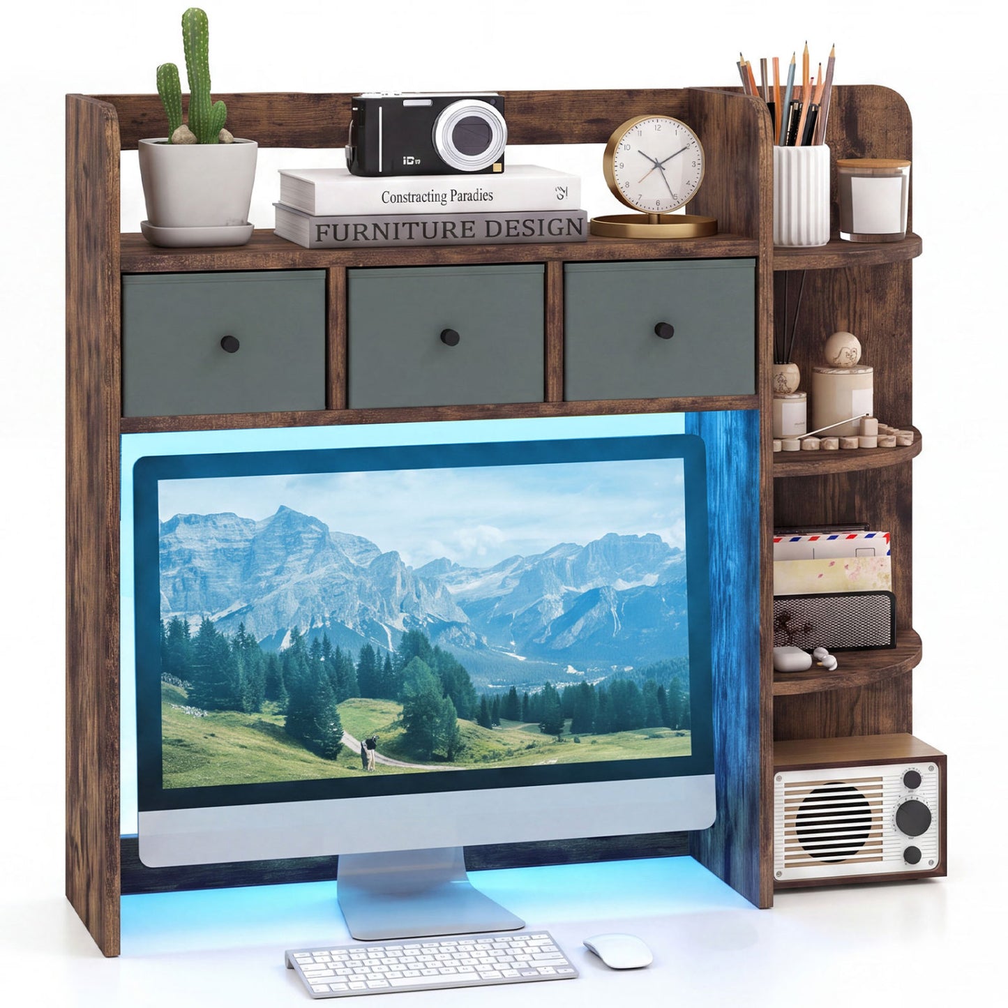 Desktop Bookshelf with LED Lights 5-Tier Shelves and 3 Drawers for Home Officce-Brown