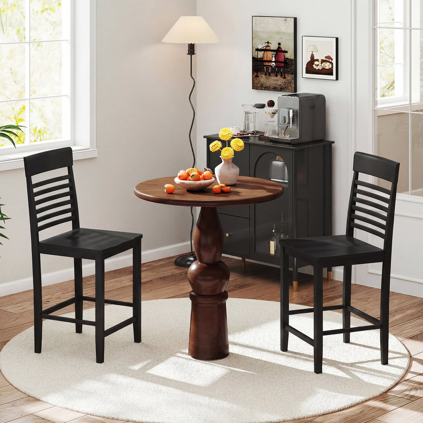 Dining Chair Set of 2 with Footrests and Solid Wood Frame-Black