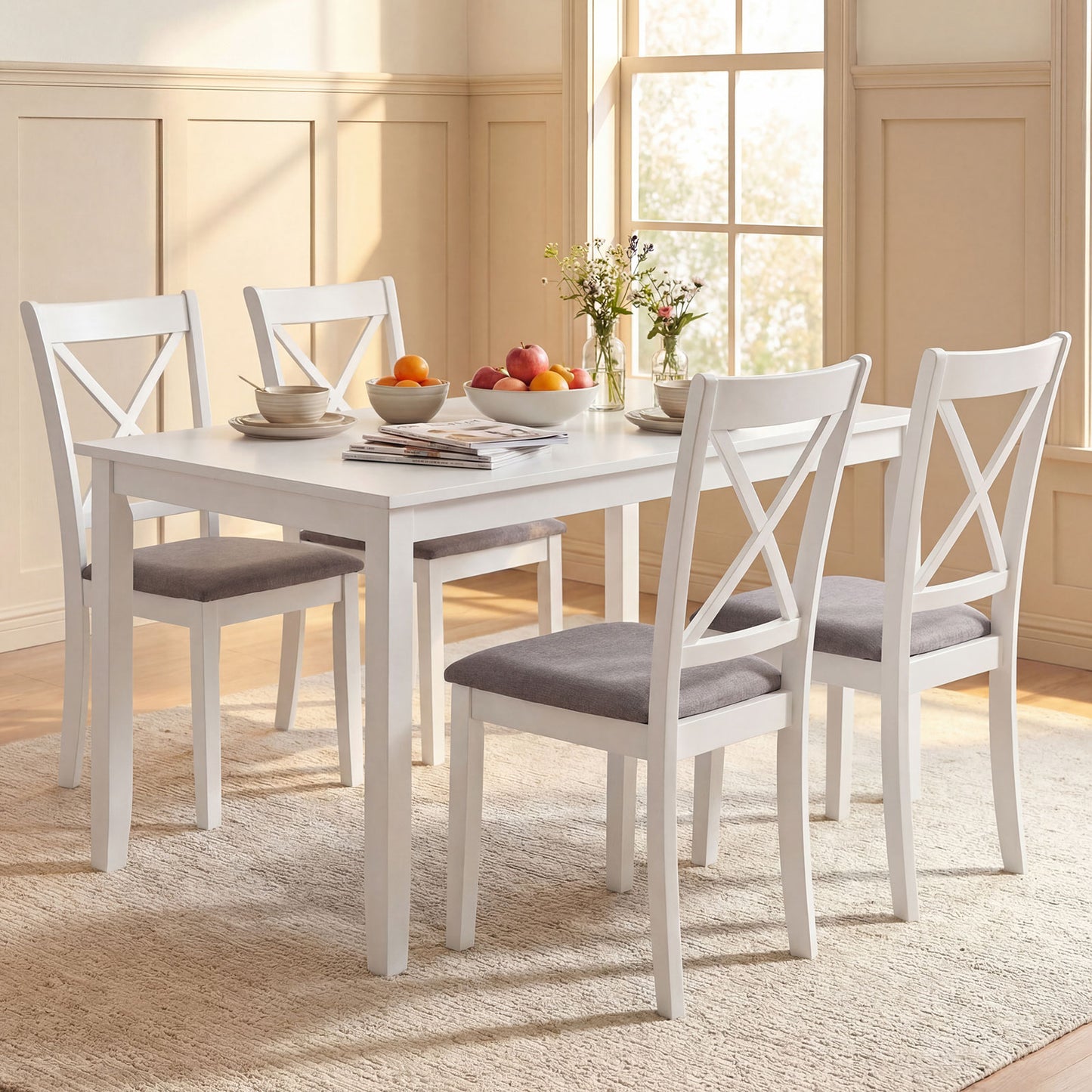 Dining Chairs Set of 4 Rubber Wood Dining Room Chairs with Comfortable Backrest and Padded Seat-White