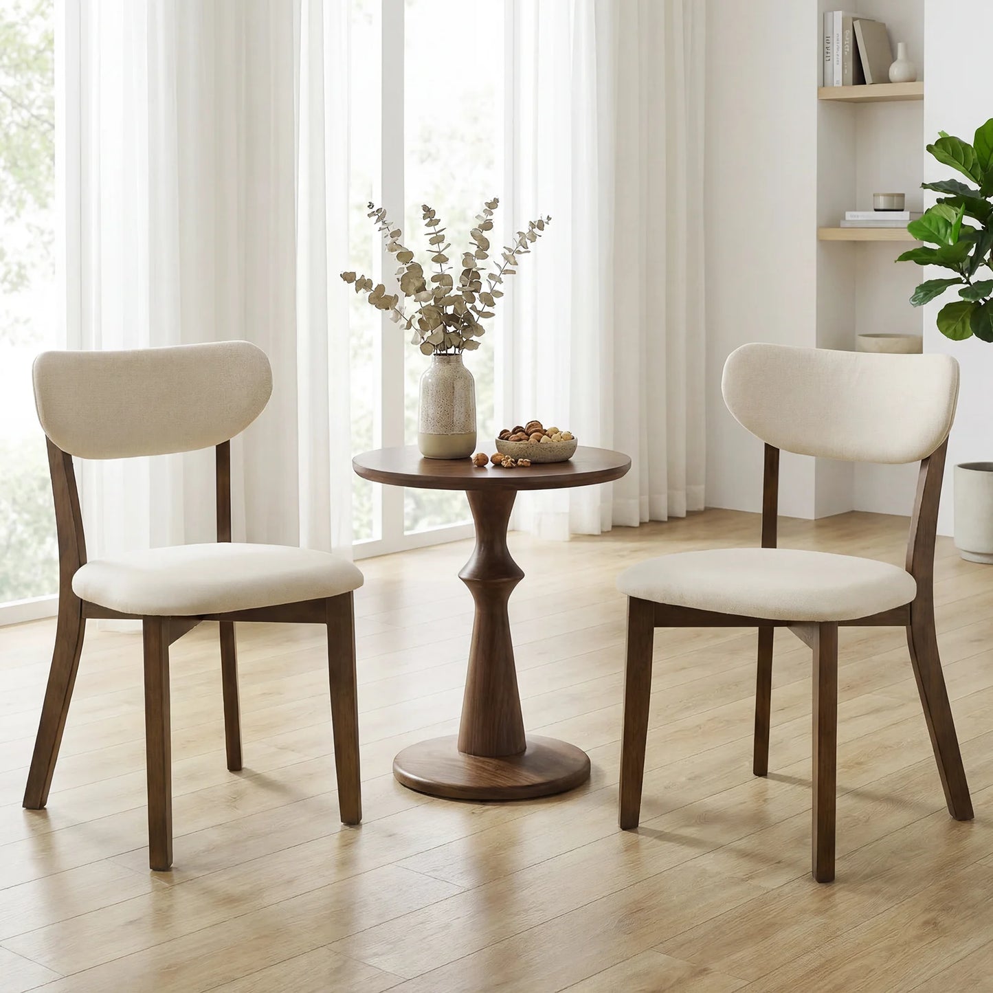 Dining Chairs Set of 2 Upholstered Mid-Back Chairs with Solid Rubber Wood Frame-White