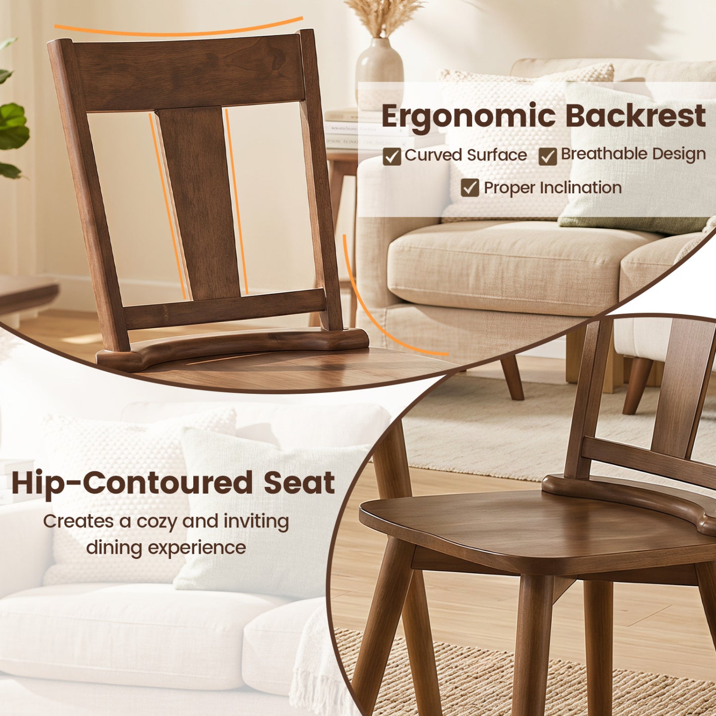 Dining Chairs Set of 2 with Solid Wood Backrest for Kitchen Dining Room-Walnut