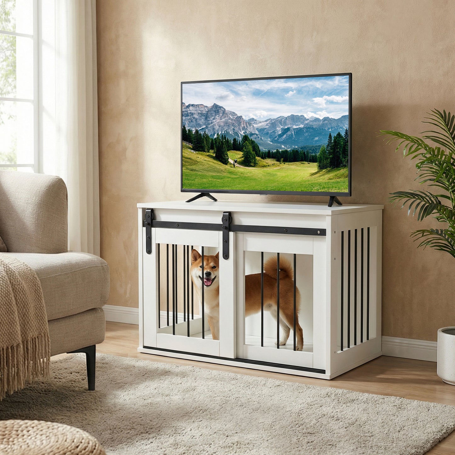 Dog Crate Furniture Heavy Duty Dog Kennel with Sliding Barn Door-Gray