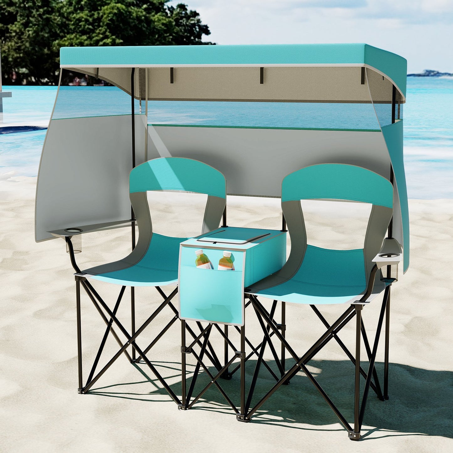 Double Beach Chair with Adjustable Canopy and 3 -Side Shading Curtains-Navy