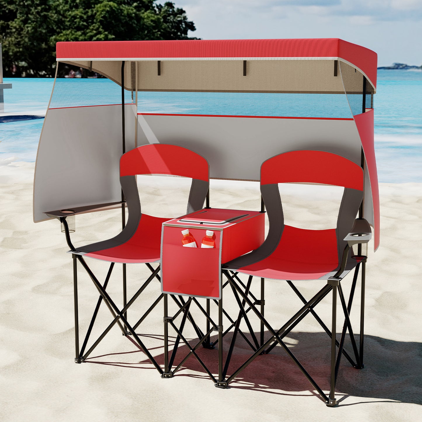 Double Beach Chair with Adjustable Canopy and 3 -Side Shading Curtains-Navy
