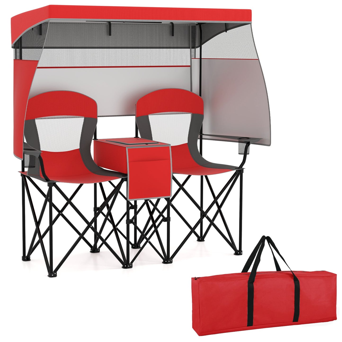 Double Beach Chair with Adjustable Canopy and 3 -Side Shading Curtains-Navy