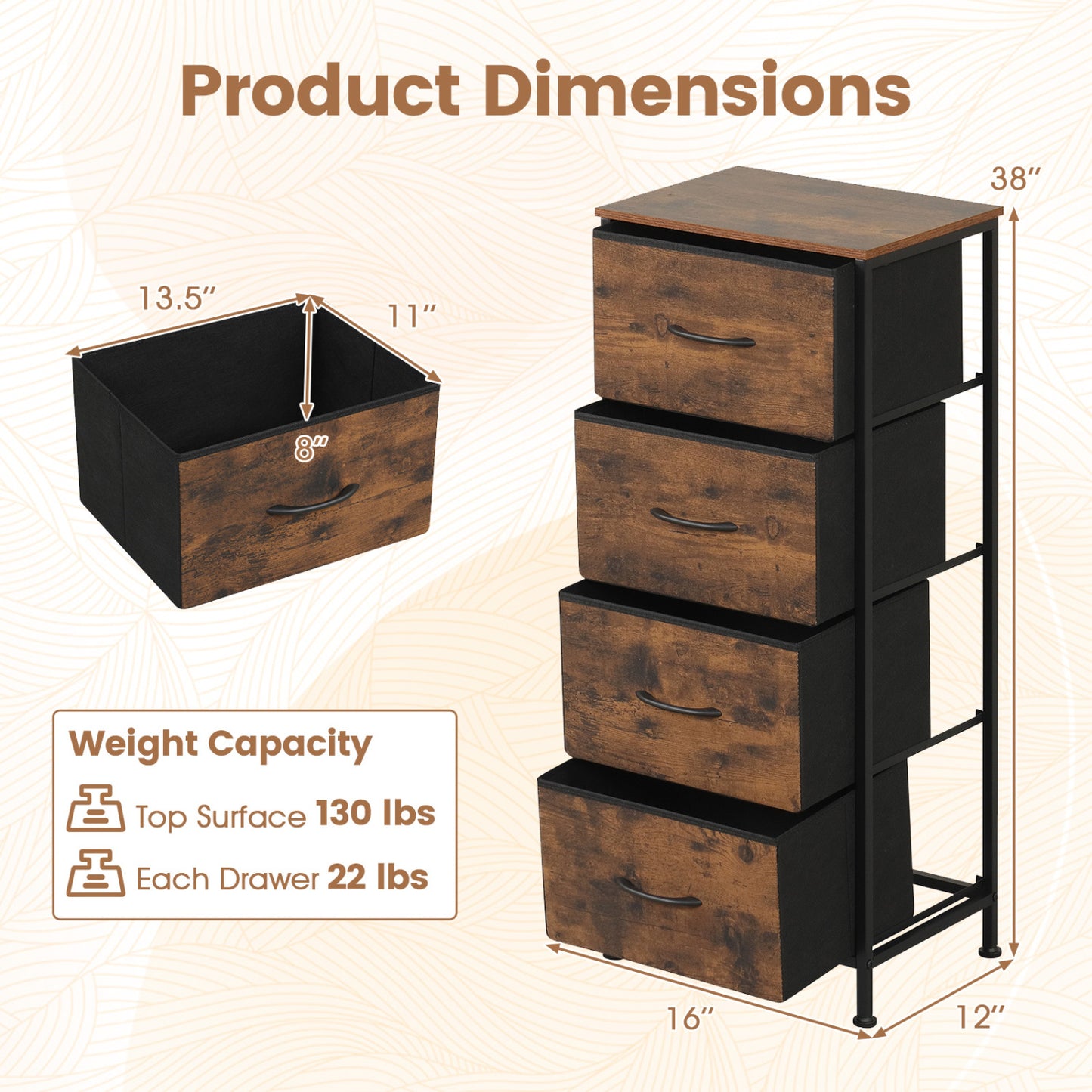 Dresser Nightstand with 4 Roomy Fabric Drawers and Metal Frame-Black