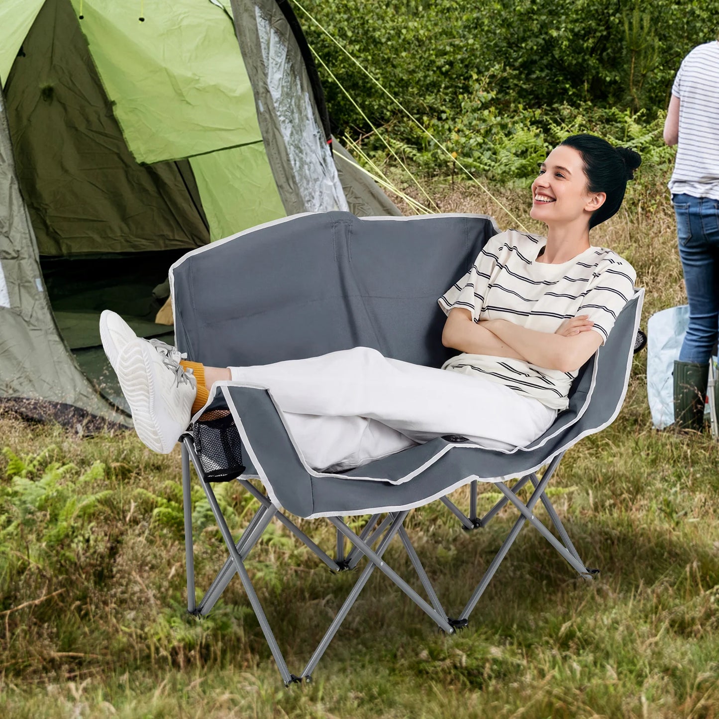 Duo Camping Chair Portable Oversized Loveseat with Armrests and Cup Holders-Blue
