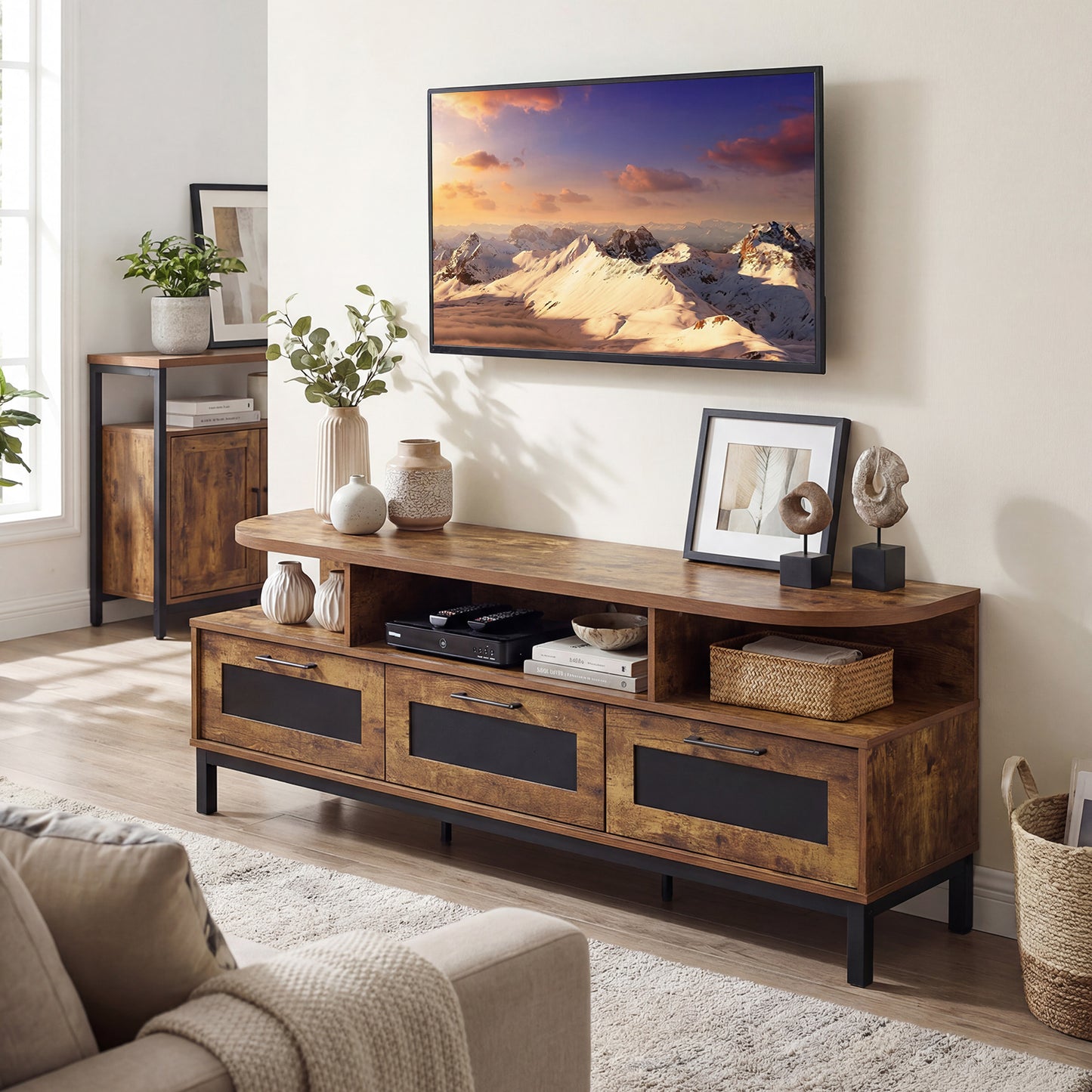 Entertainment Center with 3 Storage Drawers and Open Shelves-Natural