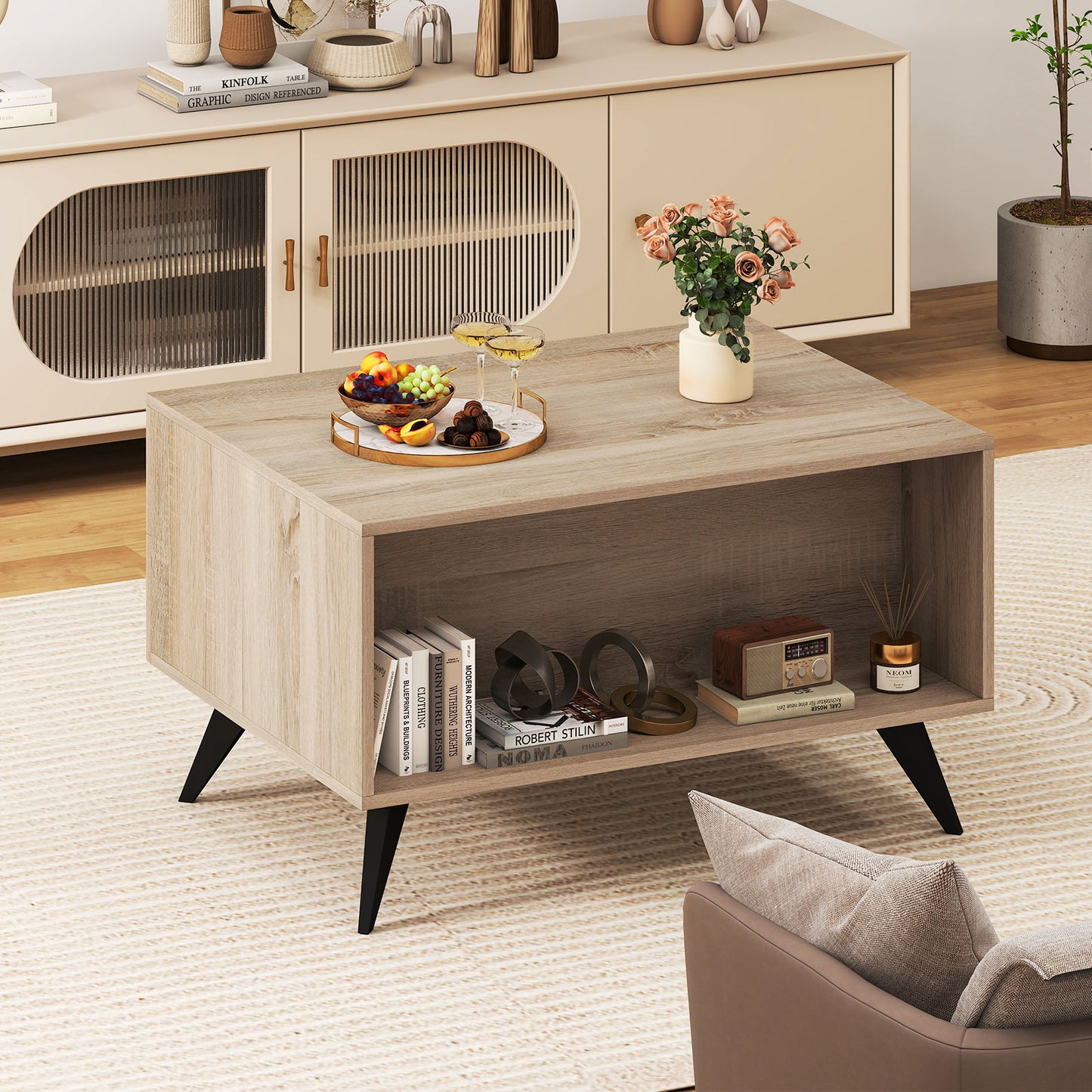 Farmhouse Accent Modern Coffee Table with Storage for Living Room Bedroom-Natural